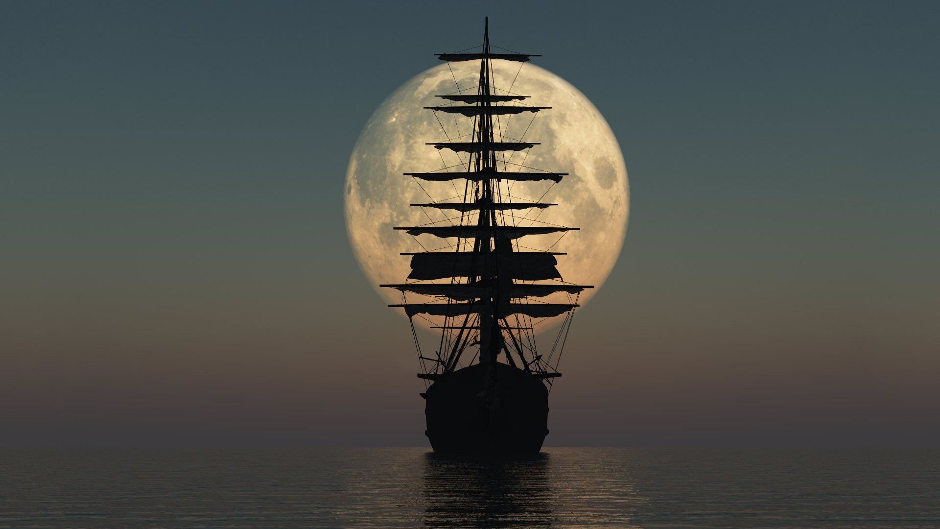 Wallpaper Moon, sail ship, night
