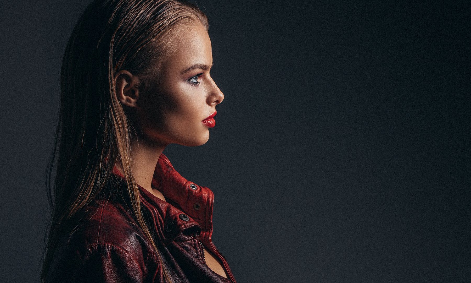 Wallpaper Girl model, looking away, leather jacket