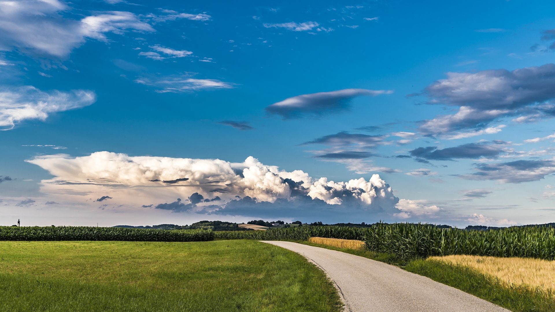 Wallpaper Road, landscape, farm, clouds, blue sky