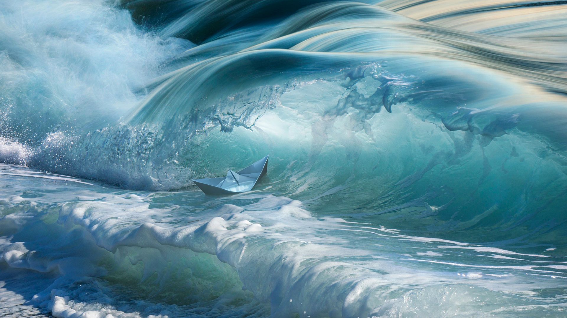 Wallpaper Paper boat, sea waves, digital art