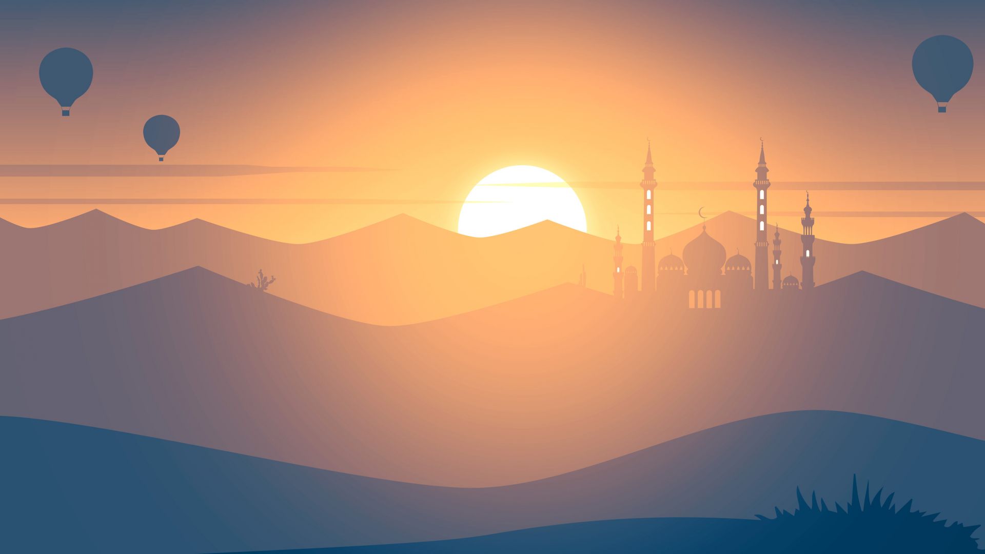 Wallpaper Sunset, mosque, hot air balloons, landscape, minimal, 4k