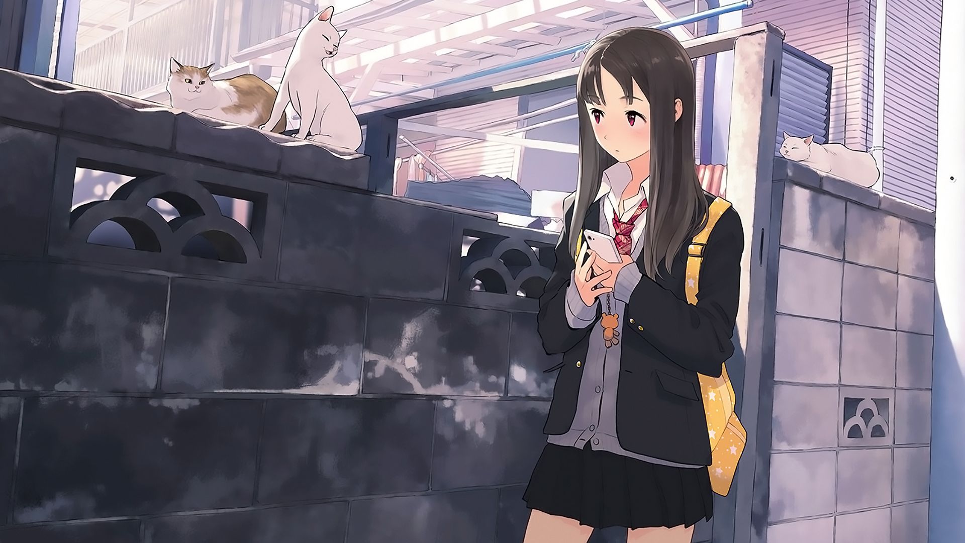 Wallpaper School dress, anime girl, walk, kitten