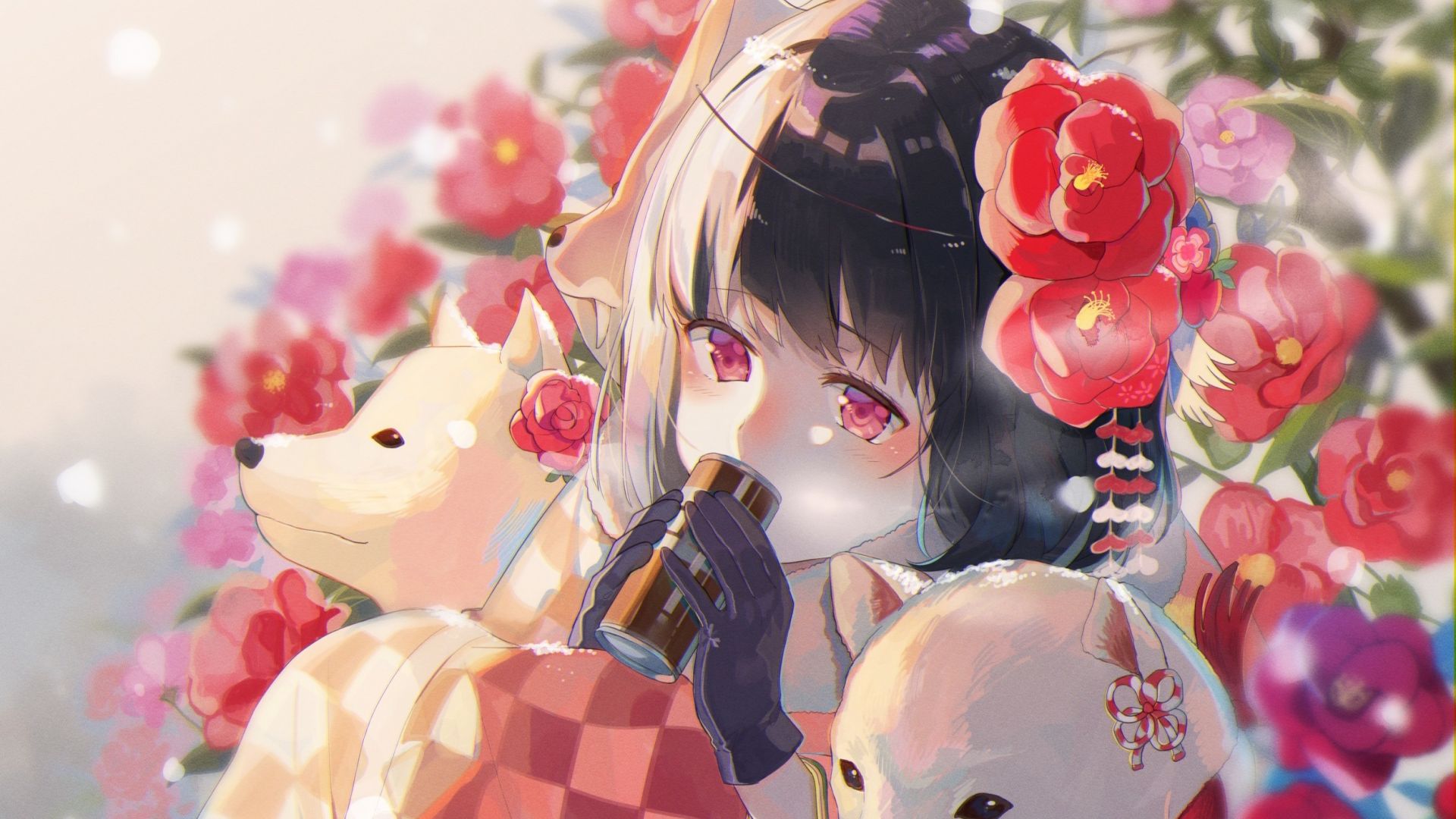 Wallpaper Dogs and flowers, anime girl, cute, original