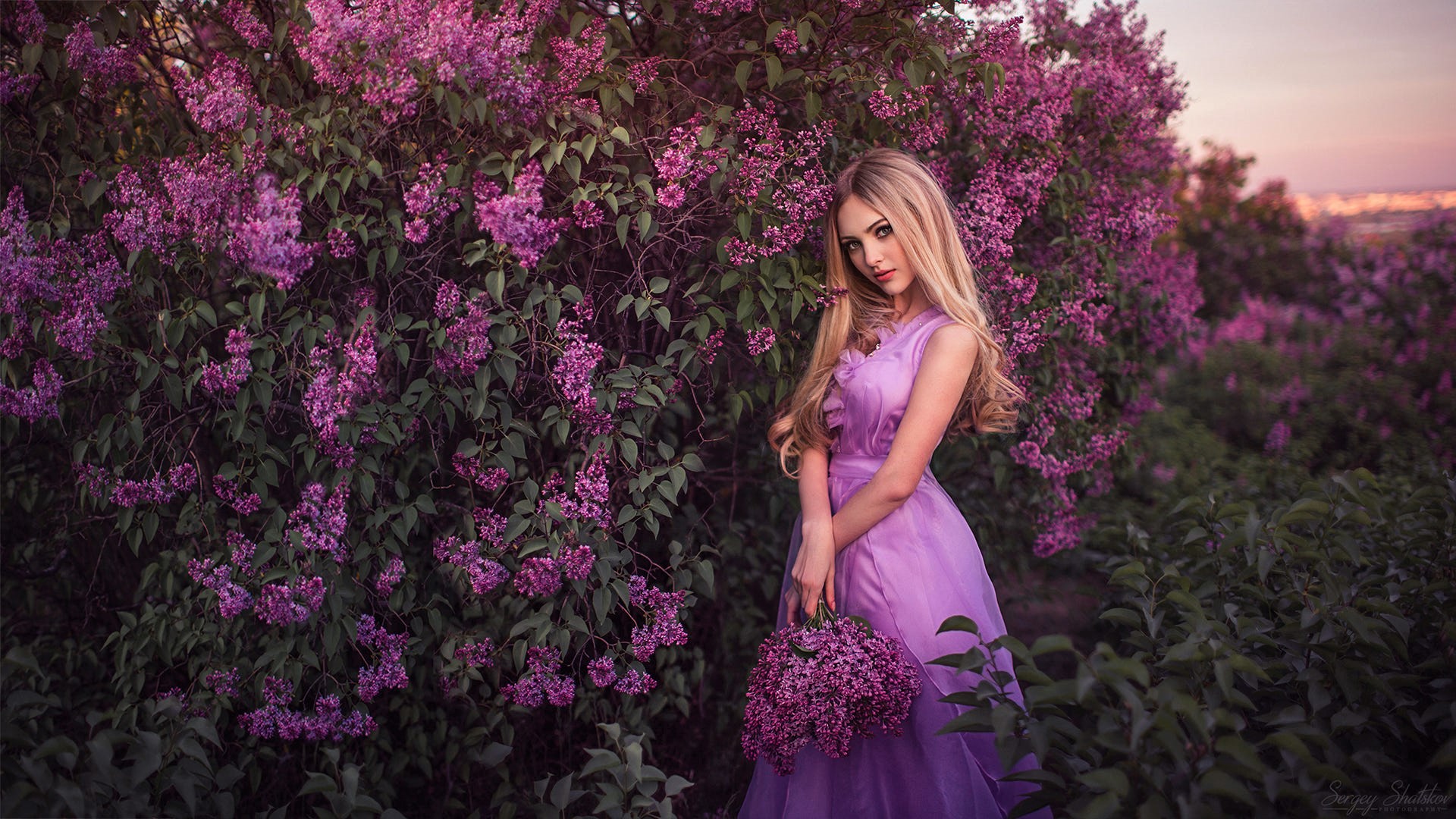 Wallpaper Purple dress, girl model, outdoor, flowers