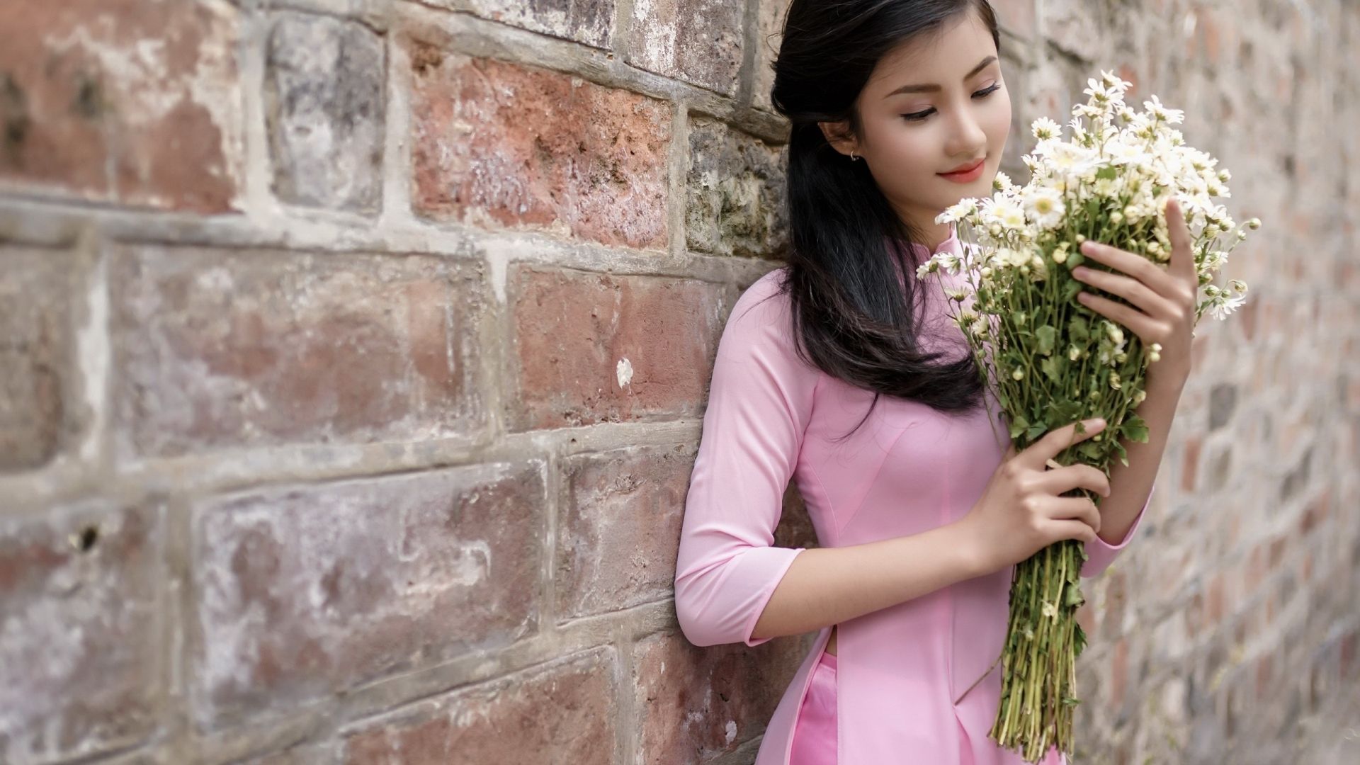 Wallpaper Asian woman with flowers, brunette, beautiful