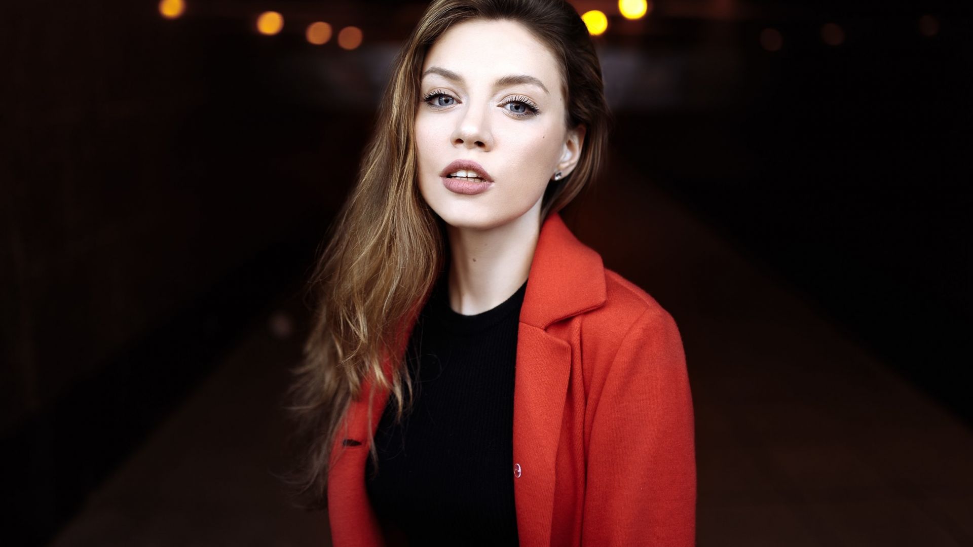 Wallpaper Red jacket, girl model, beautiful, juicy lips