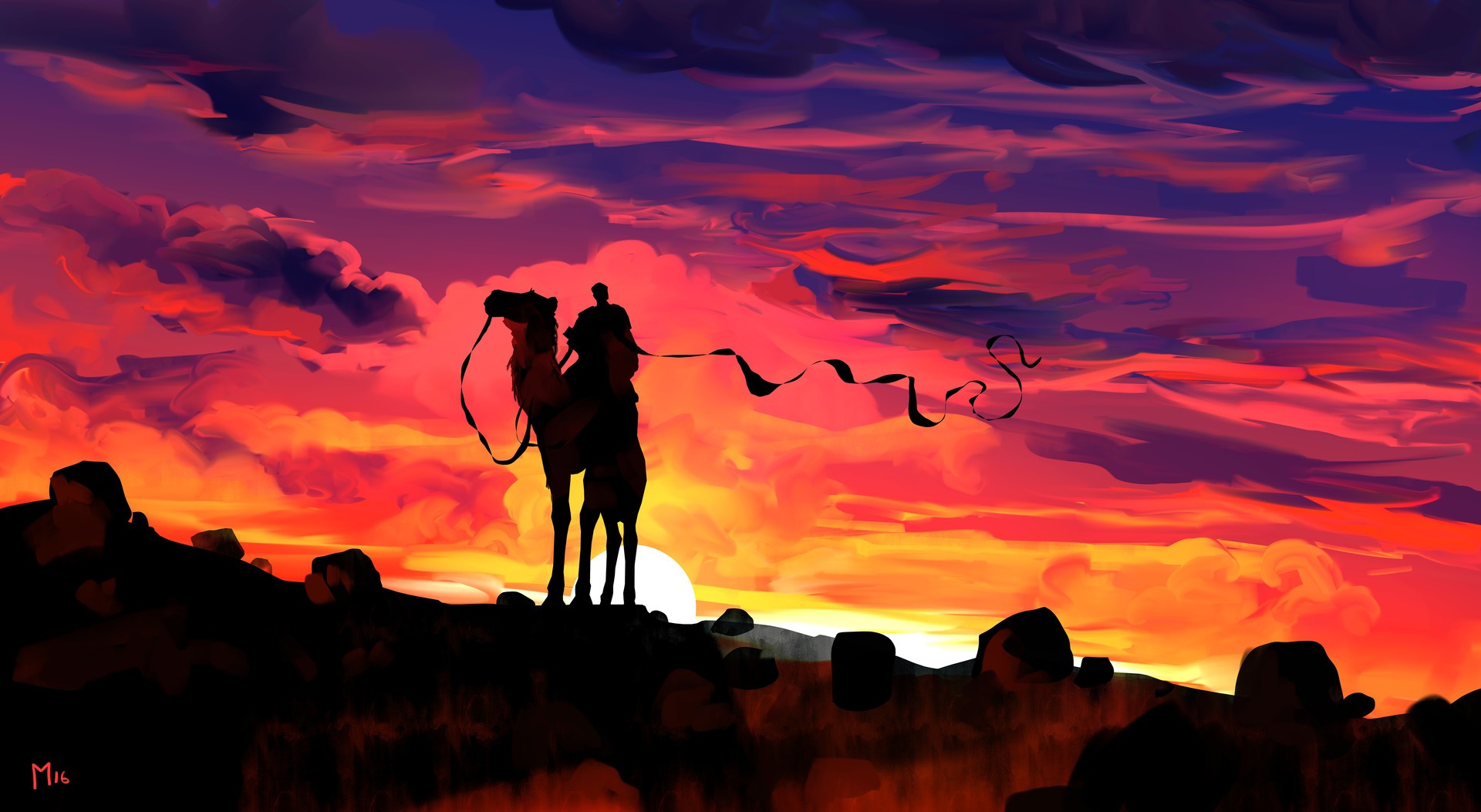 Wallpaper Sunset, fantasy illustration