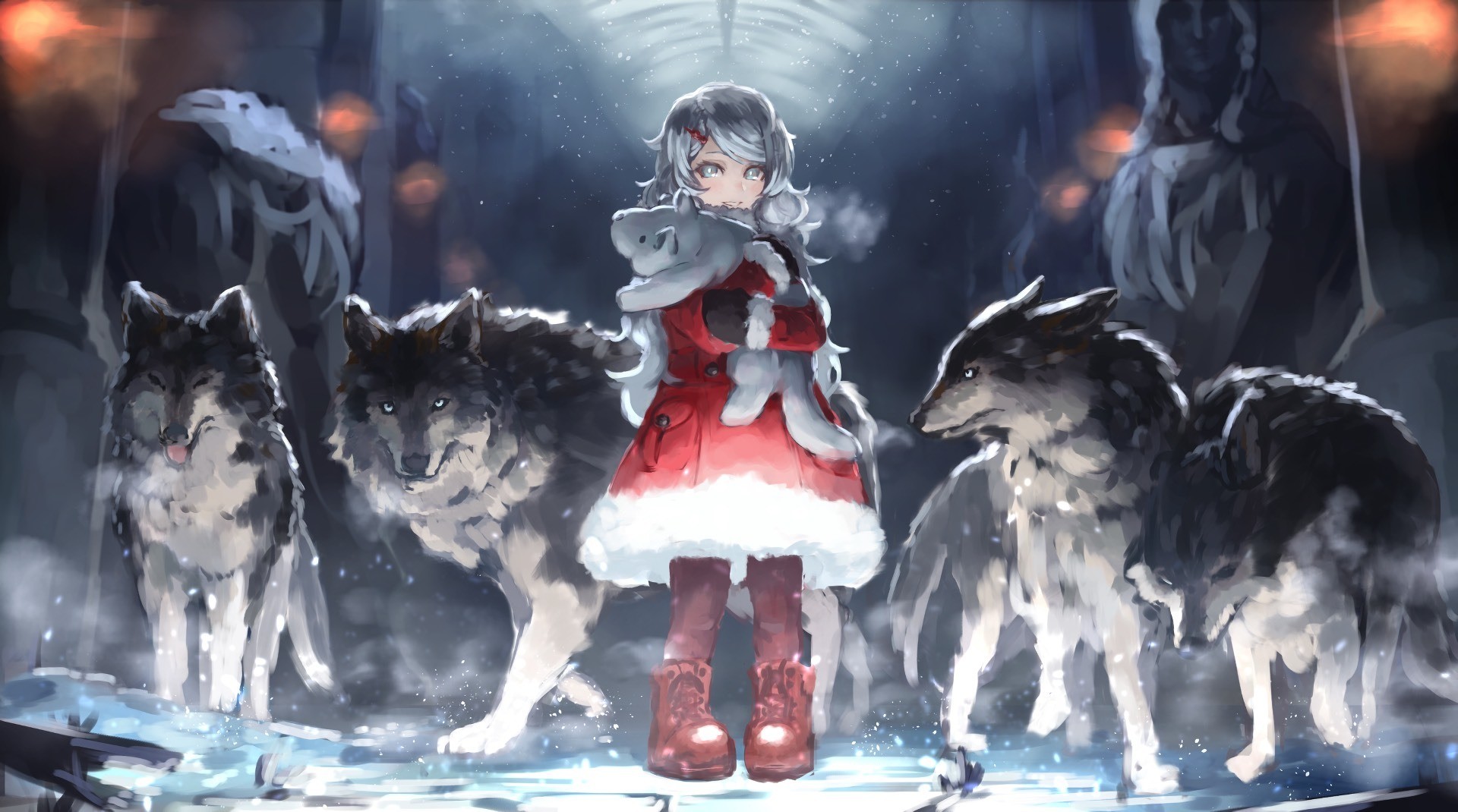 Wallpaper Red riding hood, anime girl, wolf, art