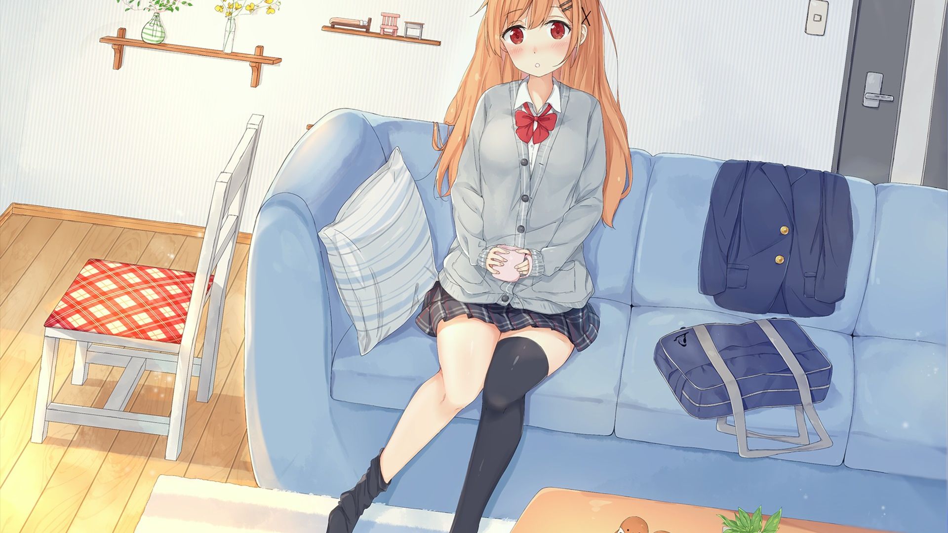 Wallpaper Blonde, anime girl, sitting on sofa