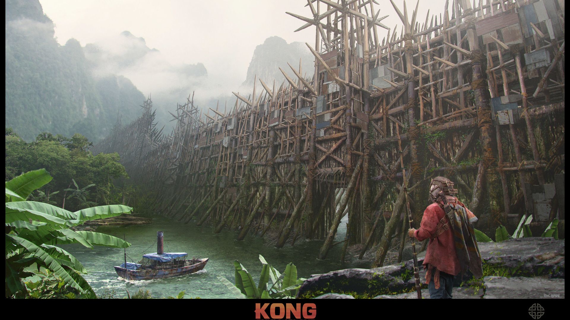 Wallpaper Kong skull: island, movie, fan art, wooden fort