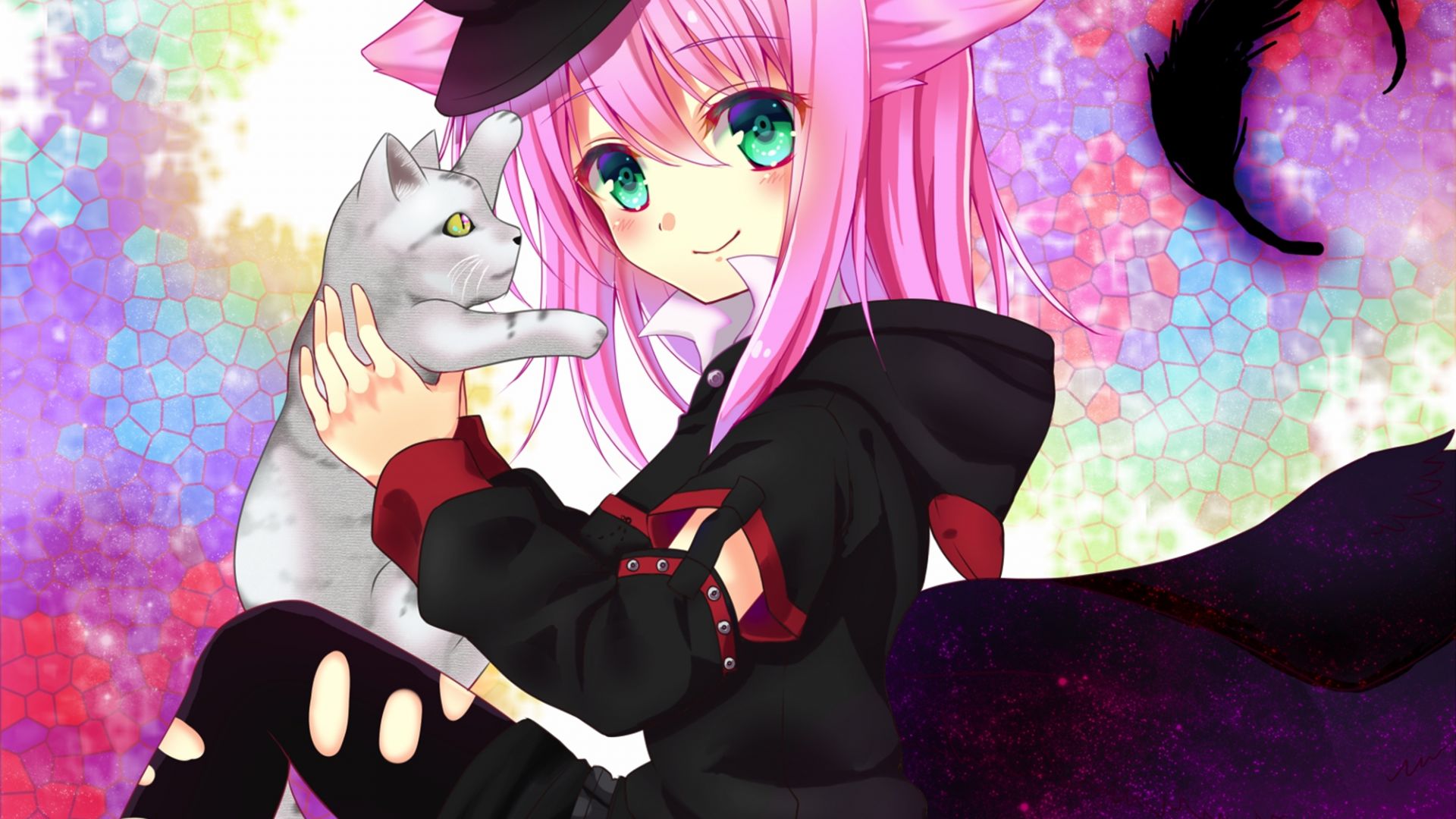 Desktop Wallpaper Pink Hair, Green Eyes, Kitten, Anime Girl, Original, Hd  Image, Picture, Background, 3d23c2