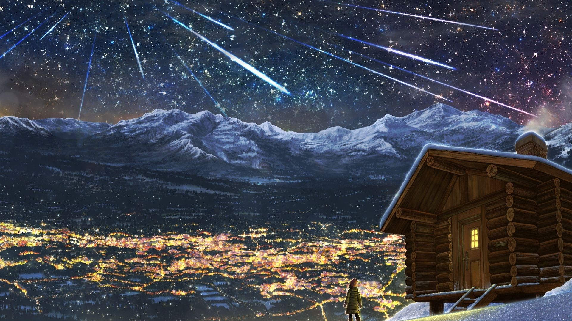 Wallpaper Winter, stars fall, landscape, mountains, night, anime, original
