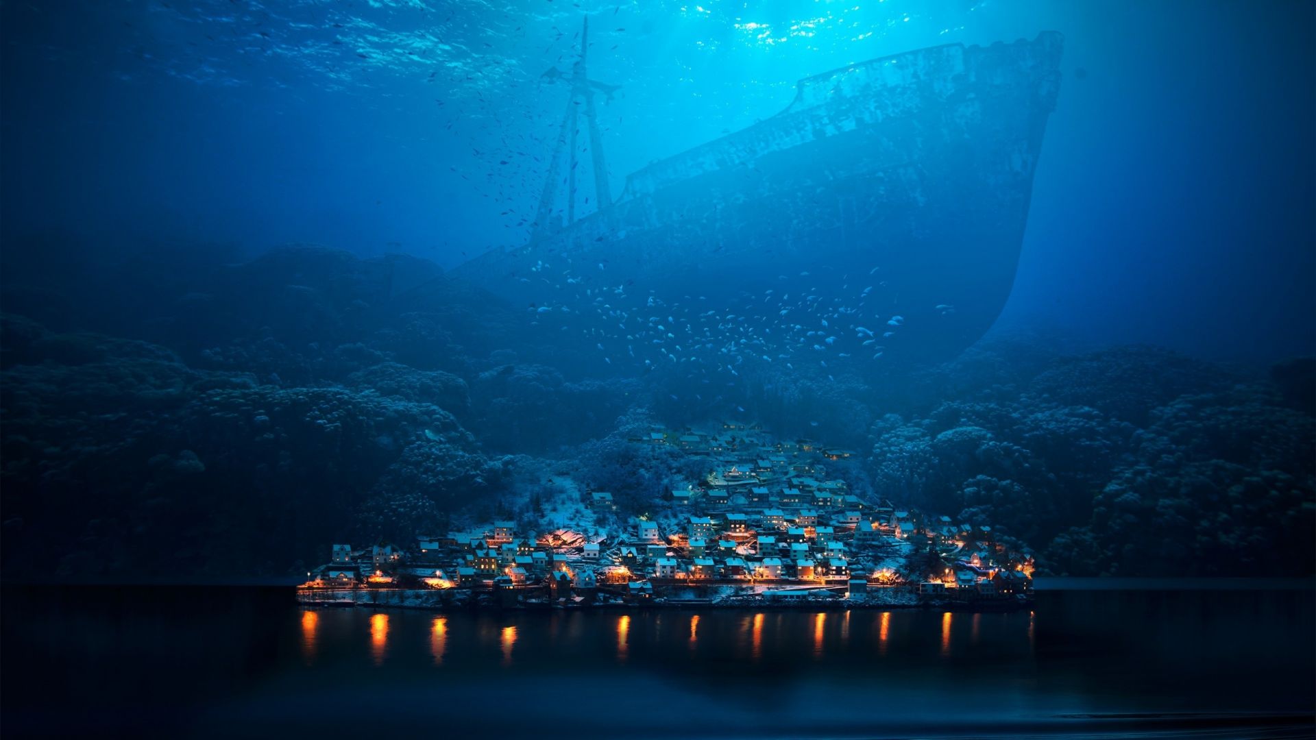 Wallpaper Fantasy, big ship, underwater, city