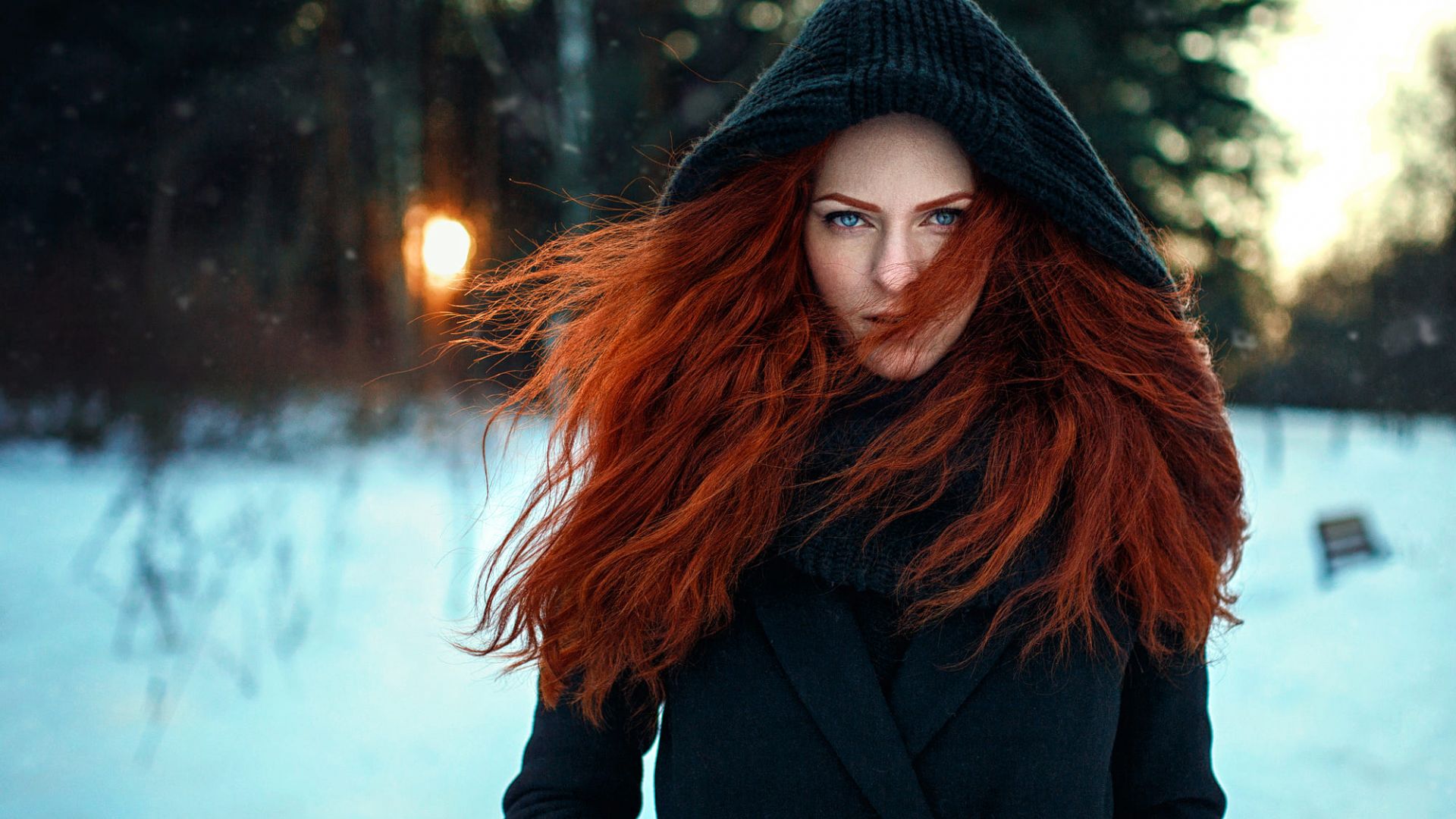 Wallpaper Red head, girl model, winter, outdoor