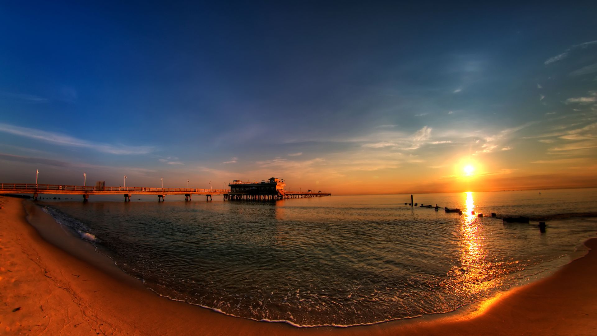 Wallpaper Horizon, skyline, beach, sea waves, dock, sunset