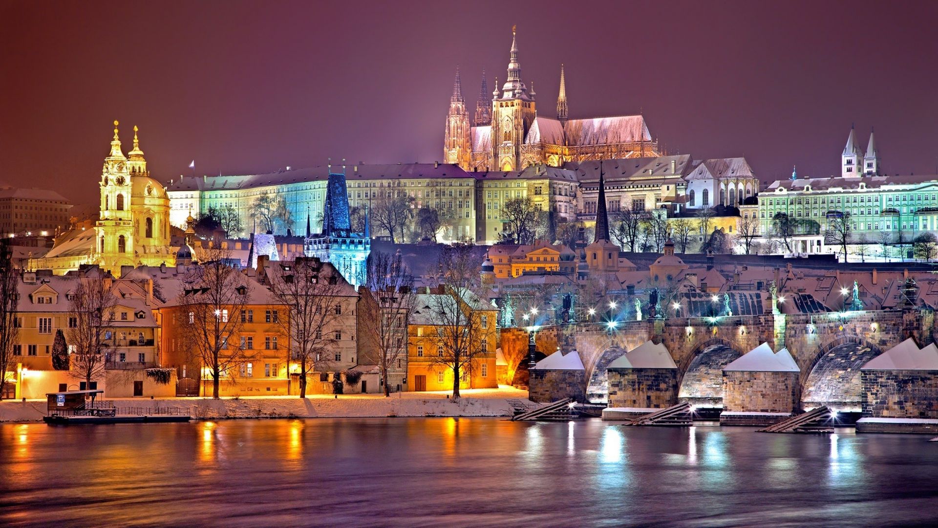 Wallpaper Prague, city, house, castle, winter, lights