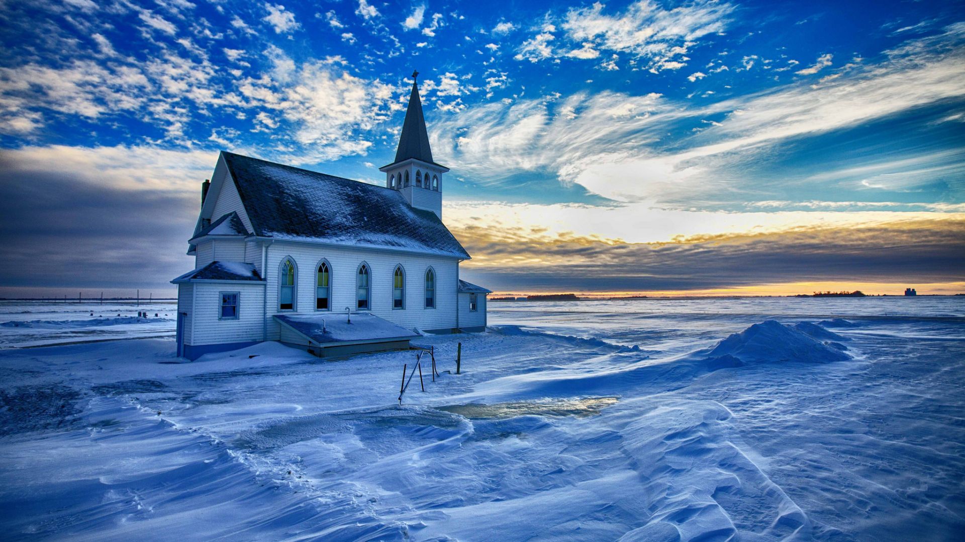 Wallpaper Church, winter, snow, clouds, sunset, skyline