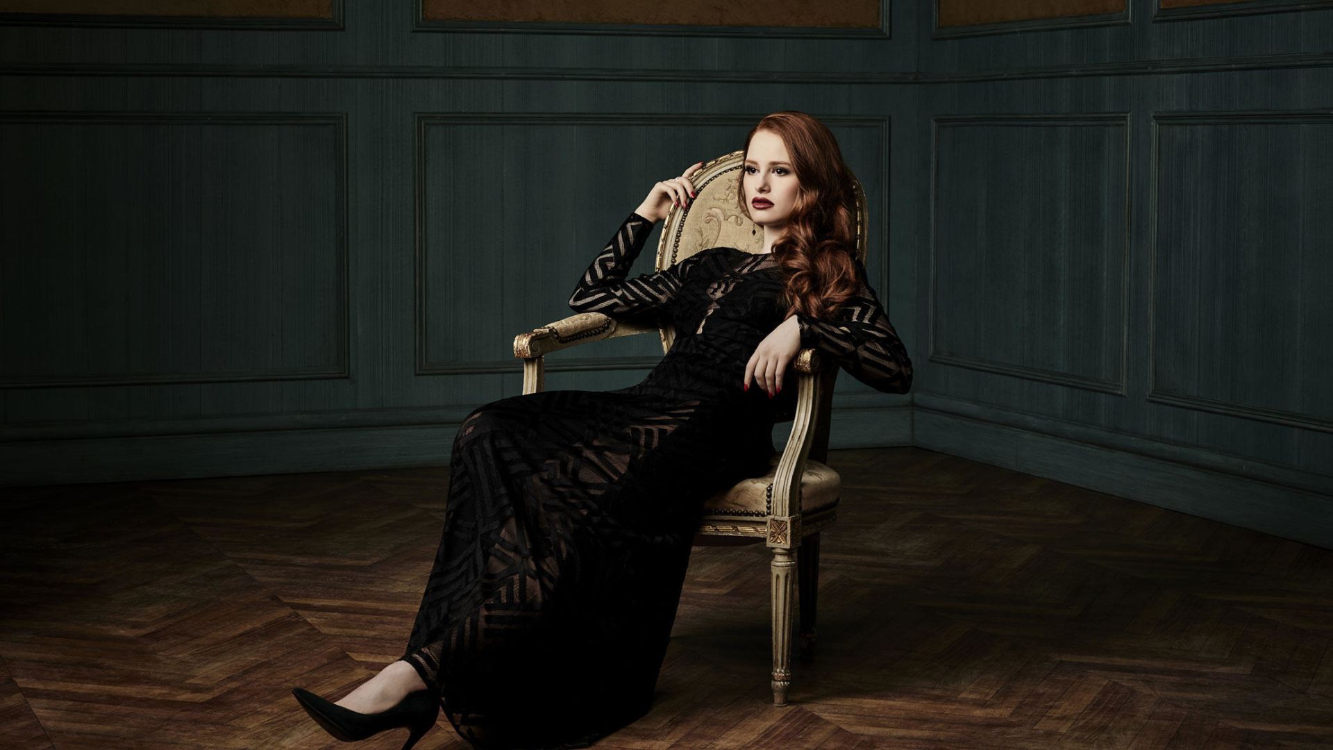 Wallpaper Black dress, Madelaine Petsch, sitting on chair, photoshoot