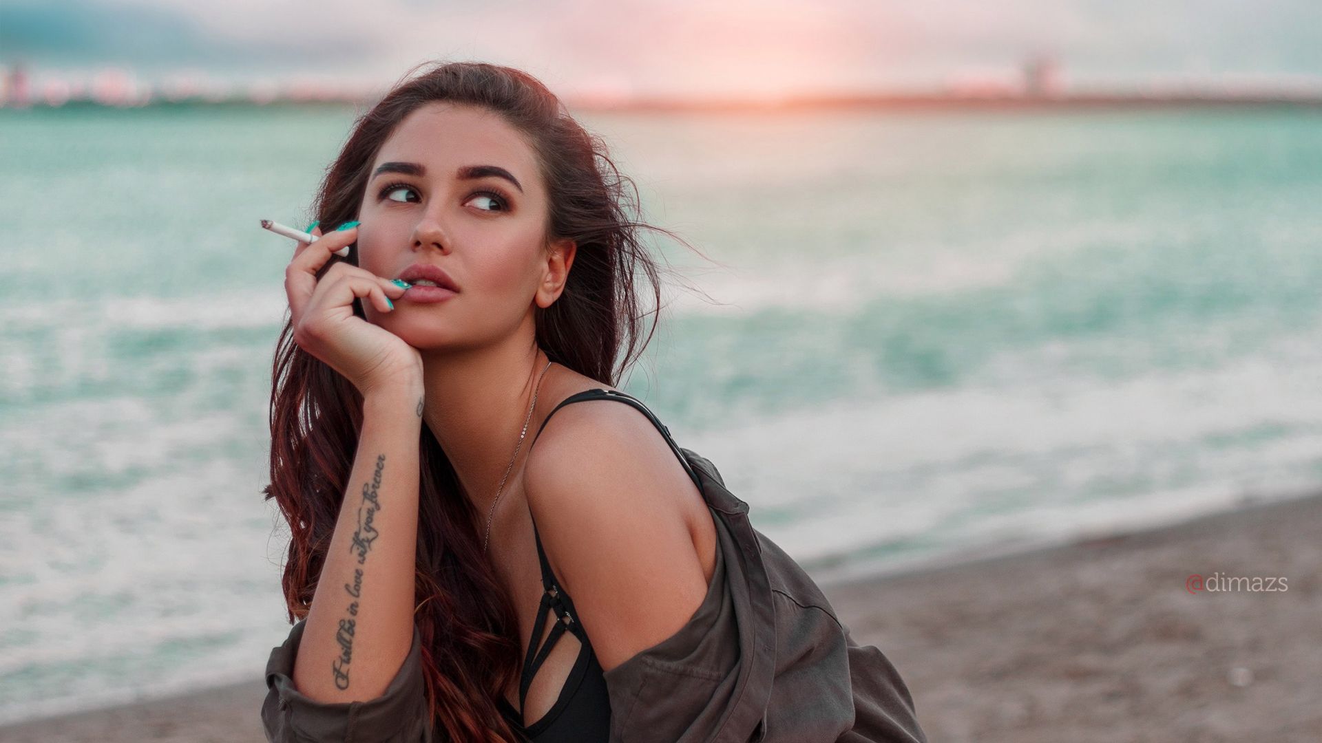 Wallpaper Girl model, outdoor, beach, smoking, tattoo