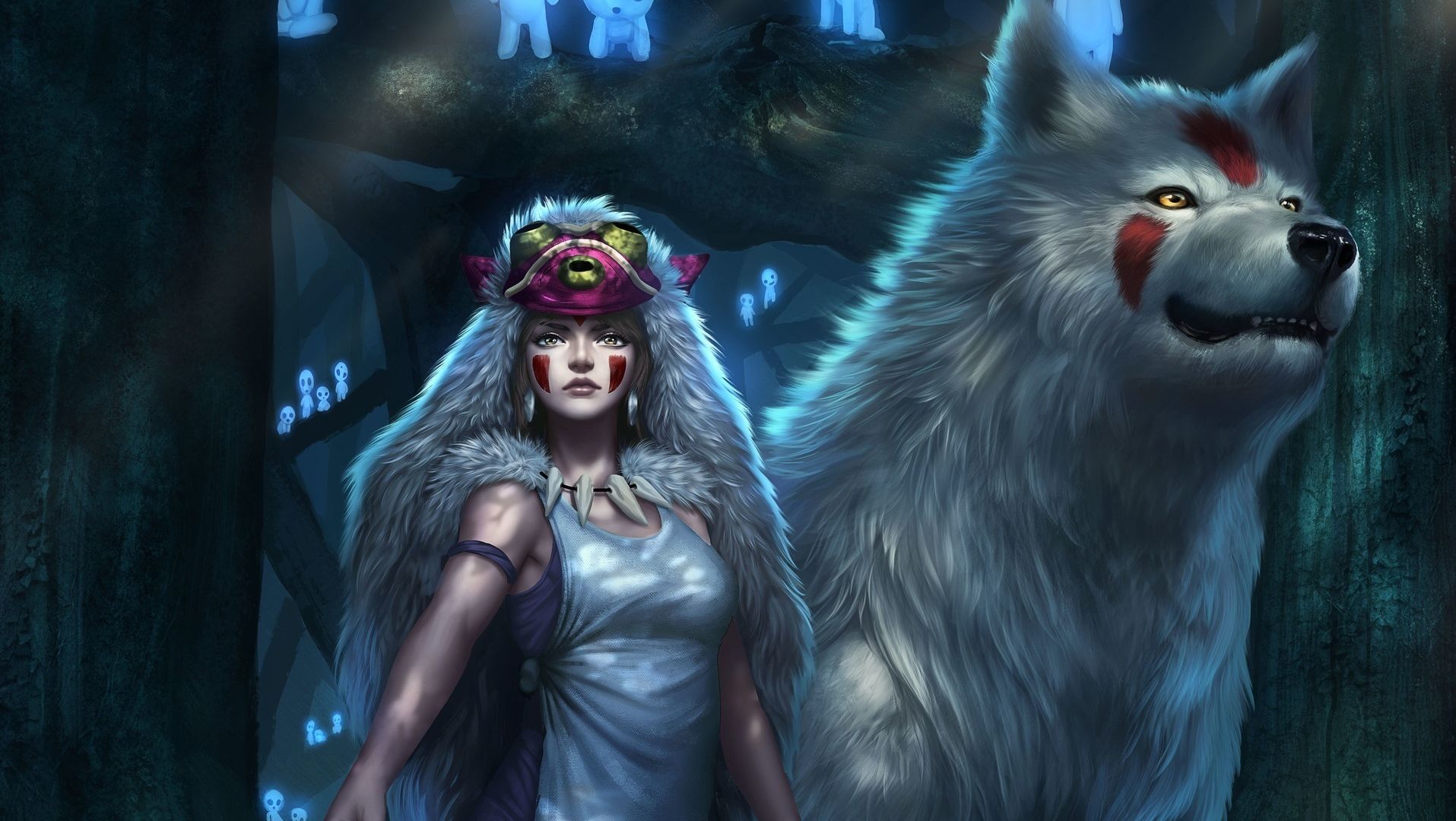 Wallpaper Wolf, ghosts, girl warrior, forest, fantasy