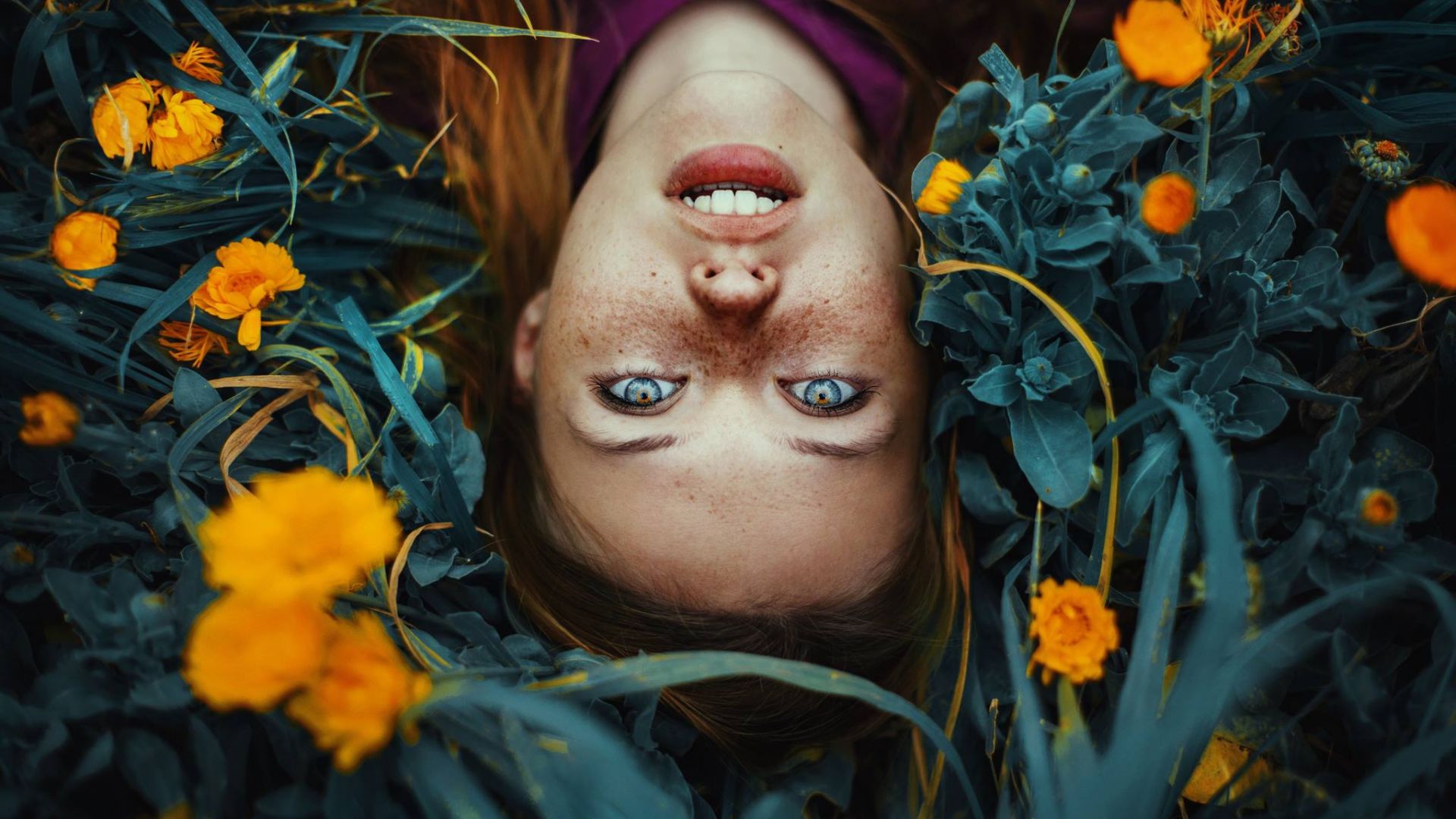 Wallpaper Blue eyes, girl model, flowers, grass, face
