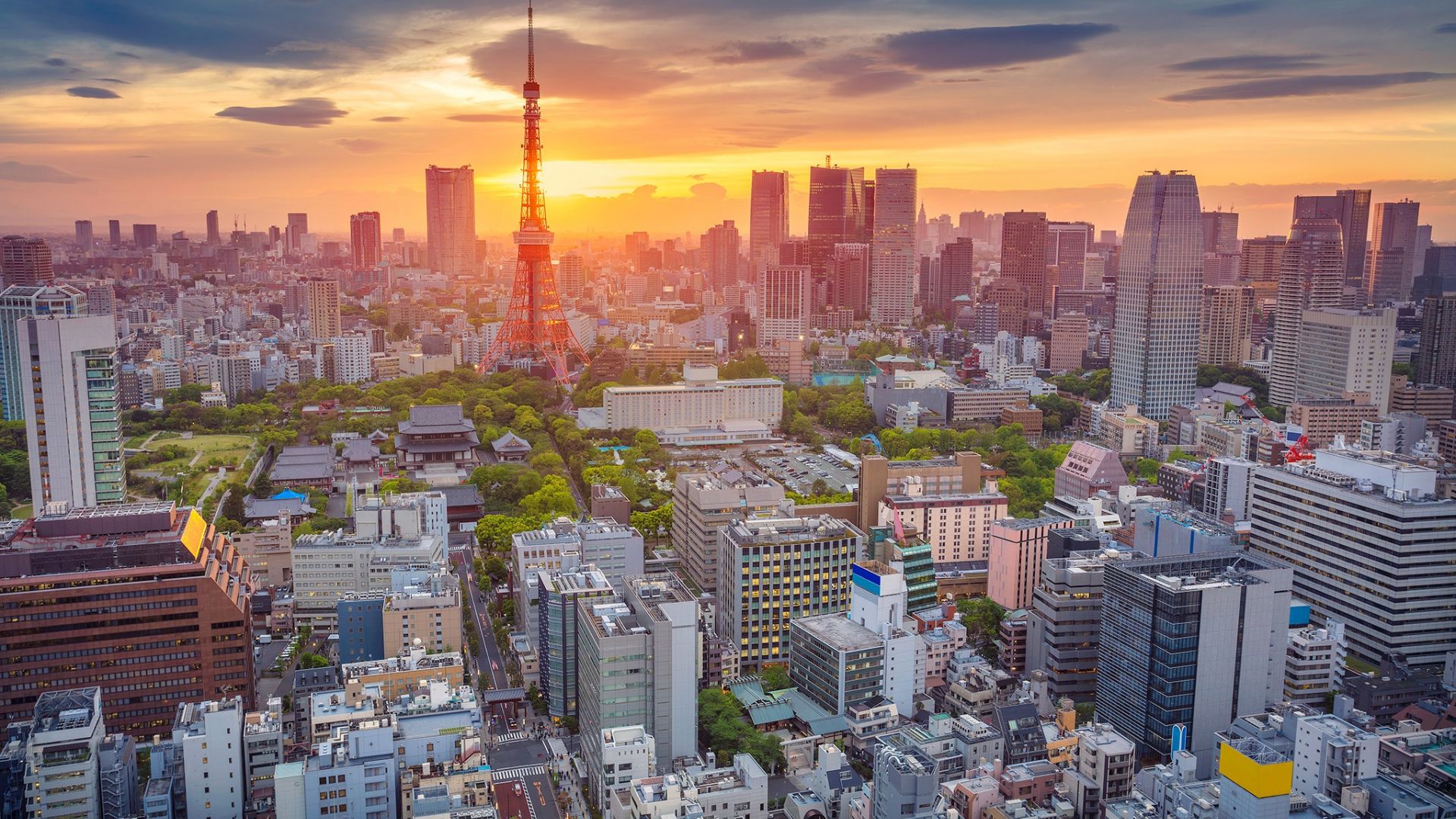 Wallpaper Tokyo city, sunset, buildings, aerial view