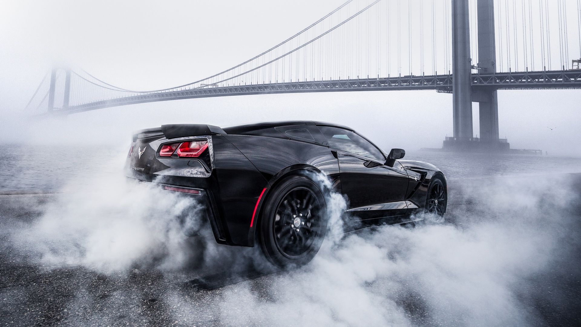 Wallpaper Smoke, sports car, black Chevrolet Corvette