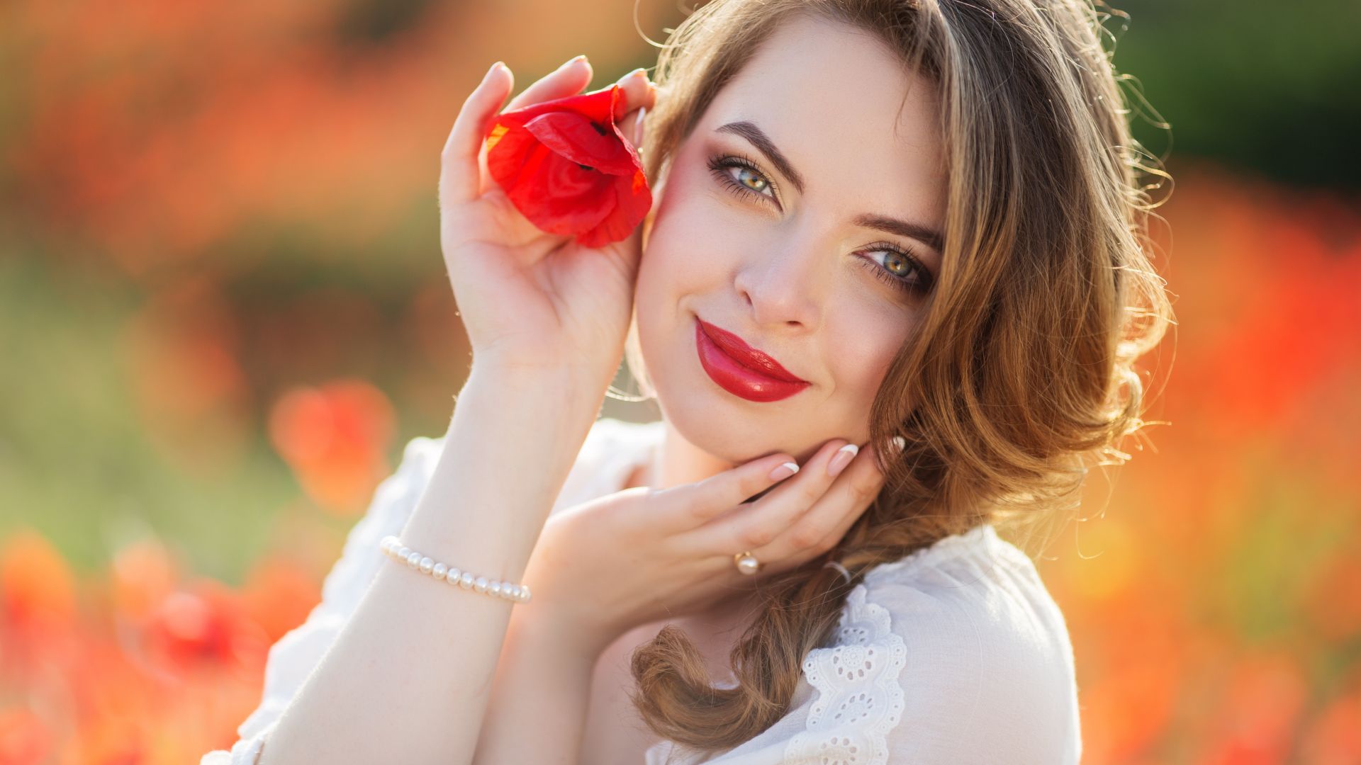Wallpaper Brunette, girl model, smile, red lipstick, outdoor