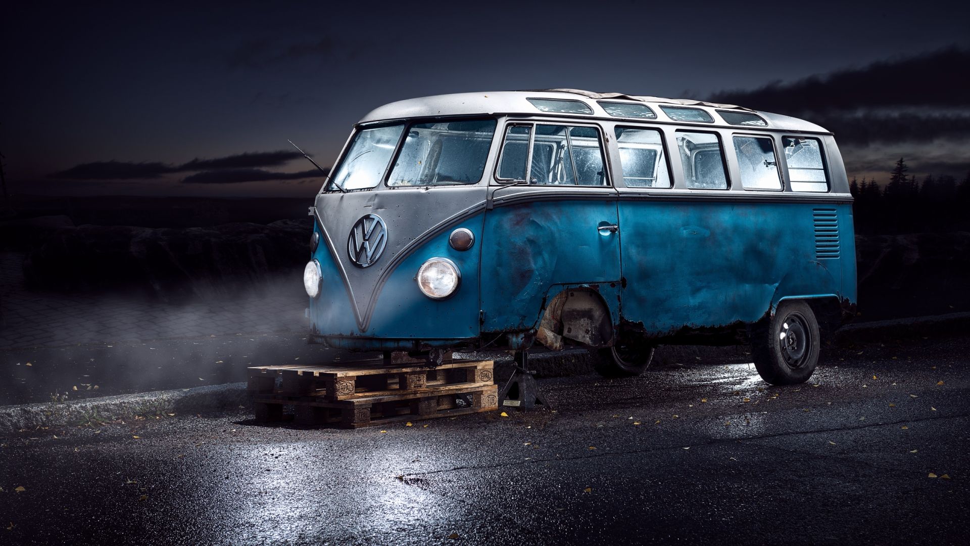 Wallpaper Volkswagen, blue van, wreck car