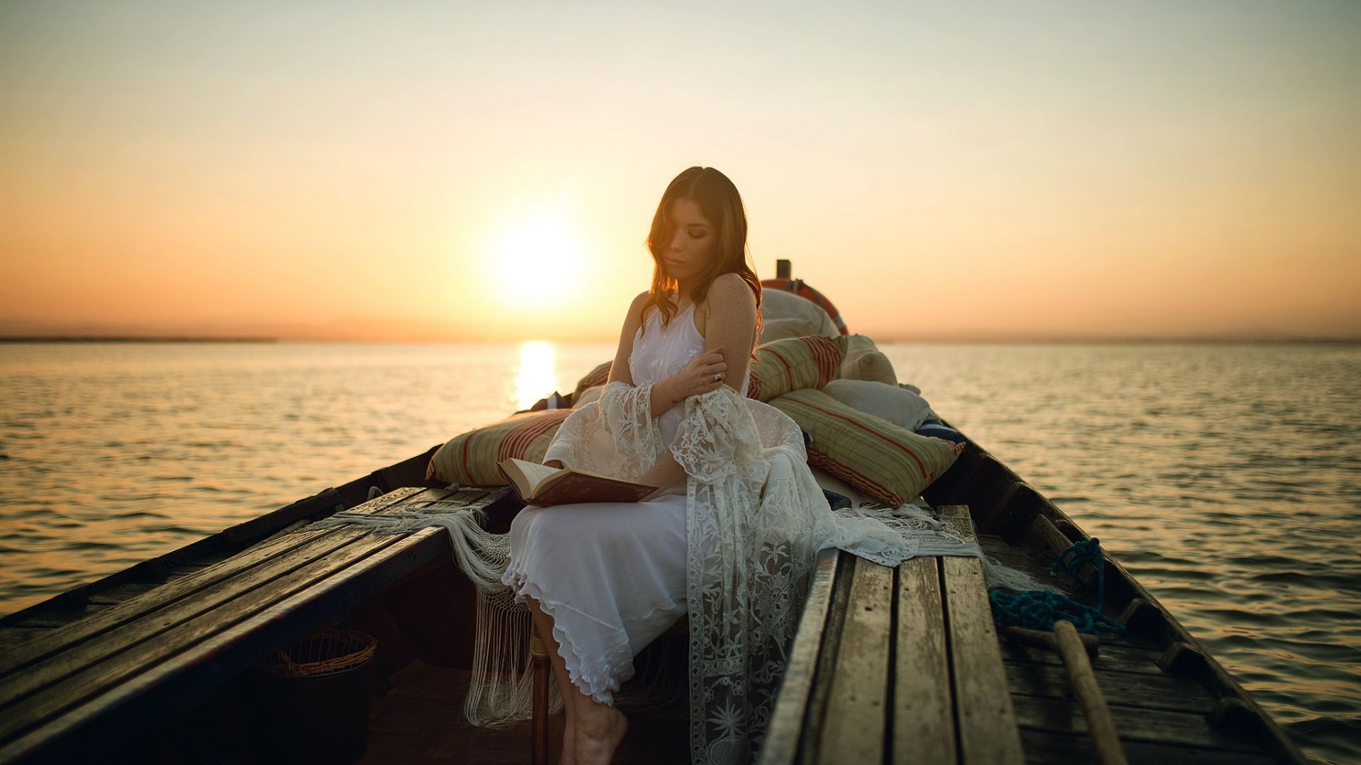Wallpaper Boat, reading book, sunset, girl model