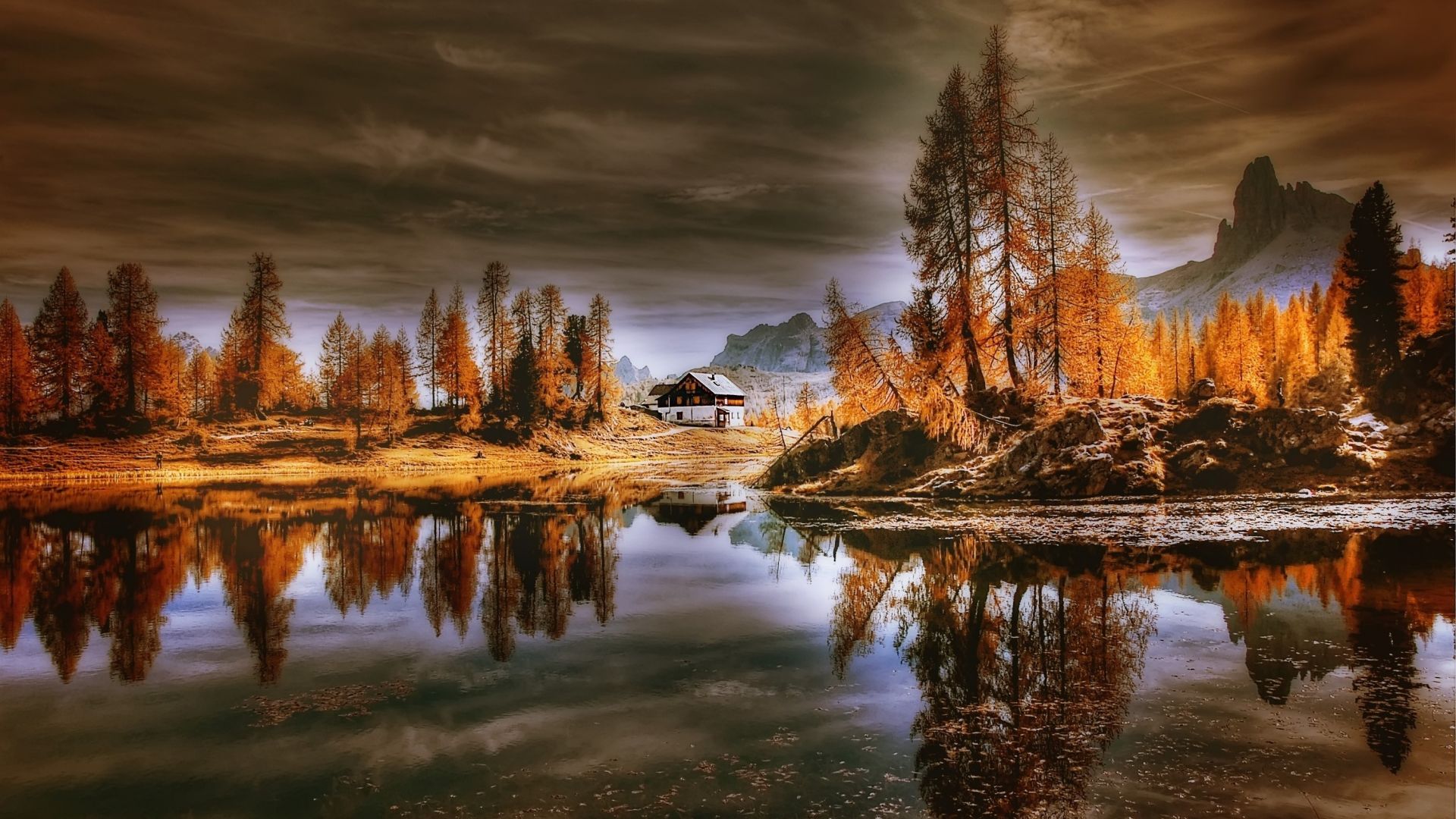 Wallpaper Dolomites, lake, reflections, house