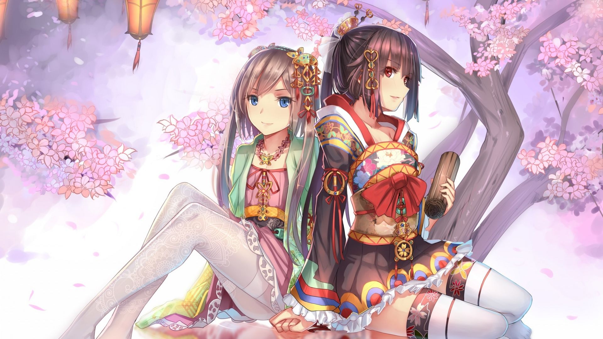 Wallpaper Anime girls, cherry blossom, sitting