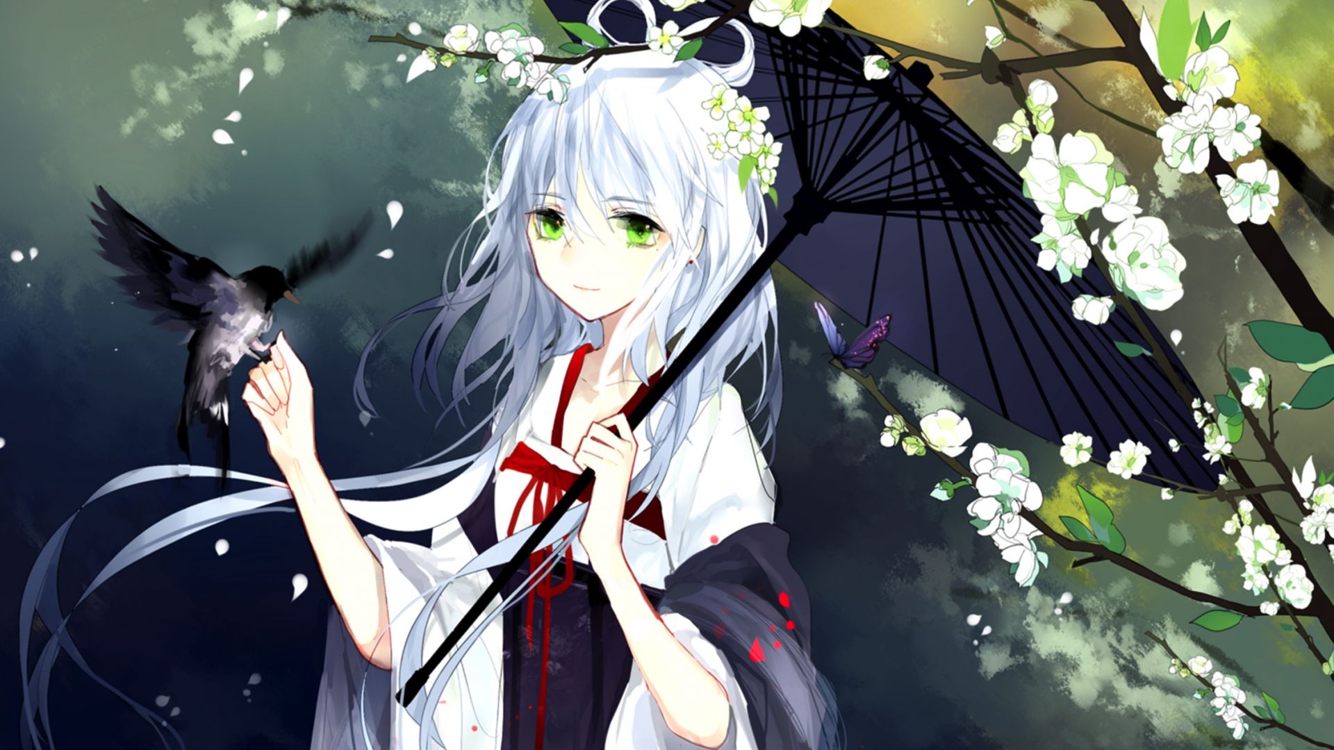 Wallpaper Cherry blossom, anime girl, umbrella, bird, original