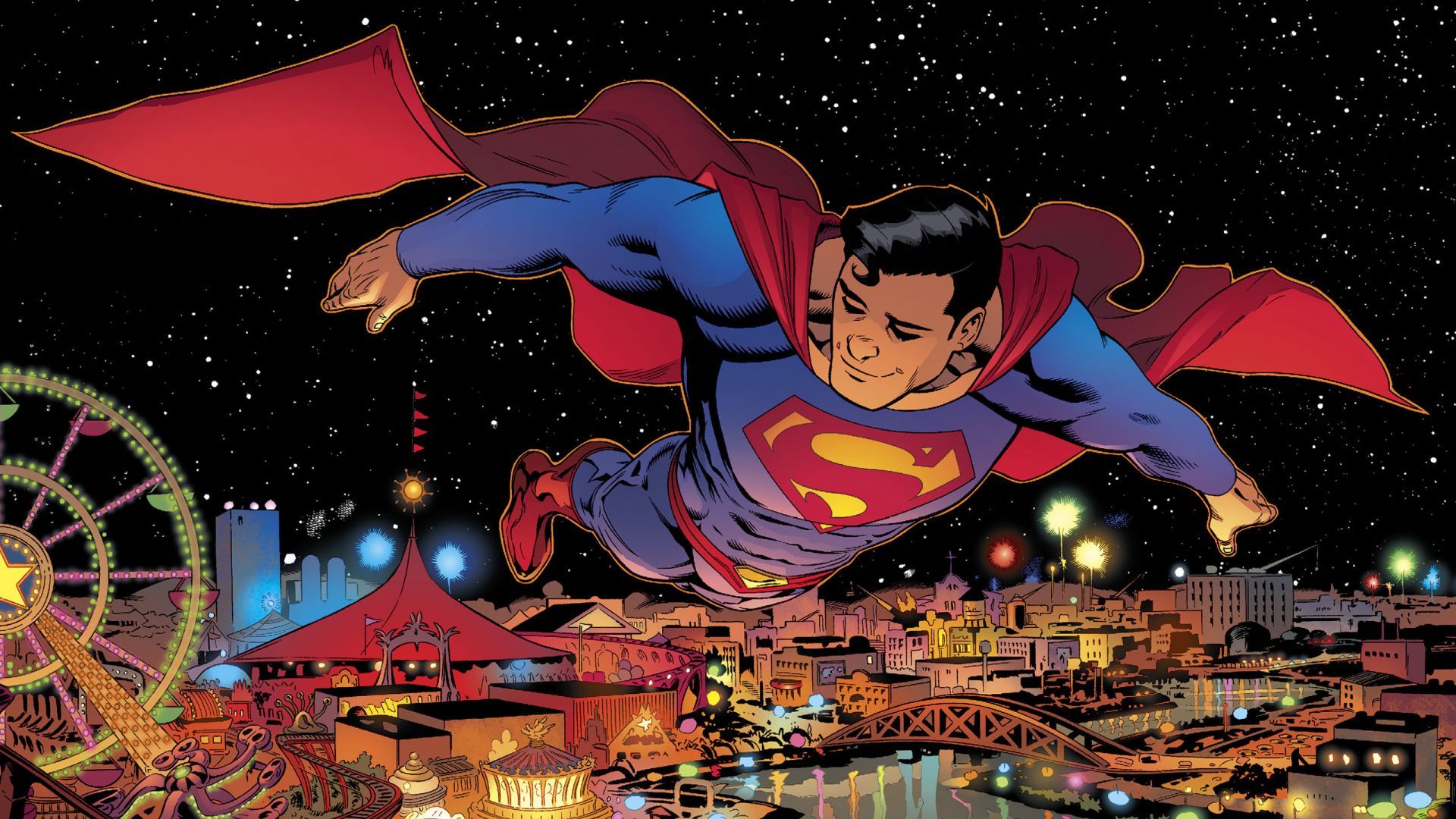 Wallpaper Flight of superman, over city, comics