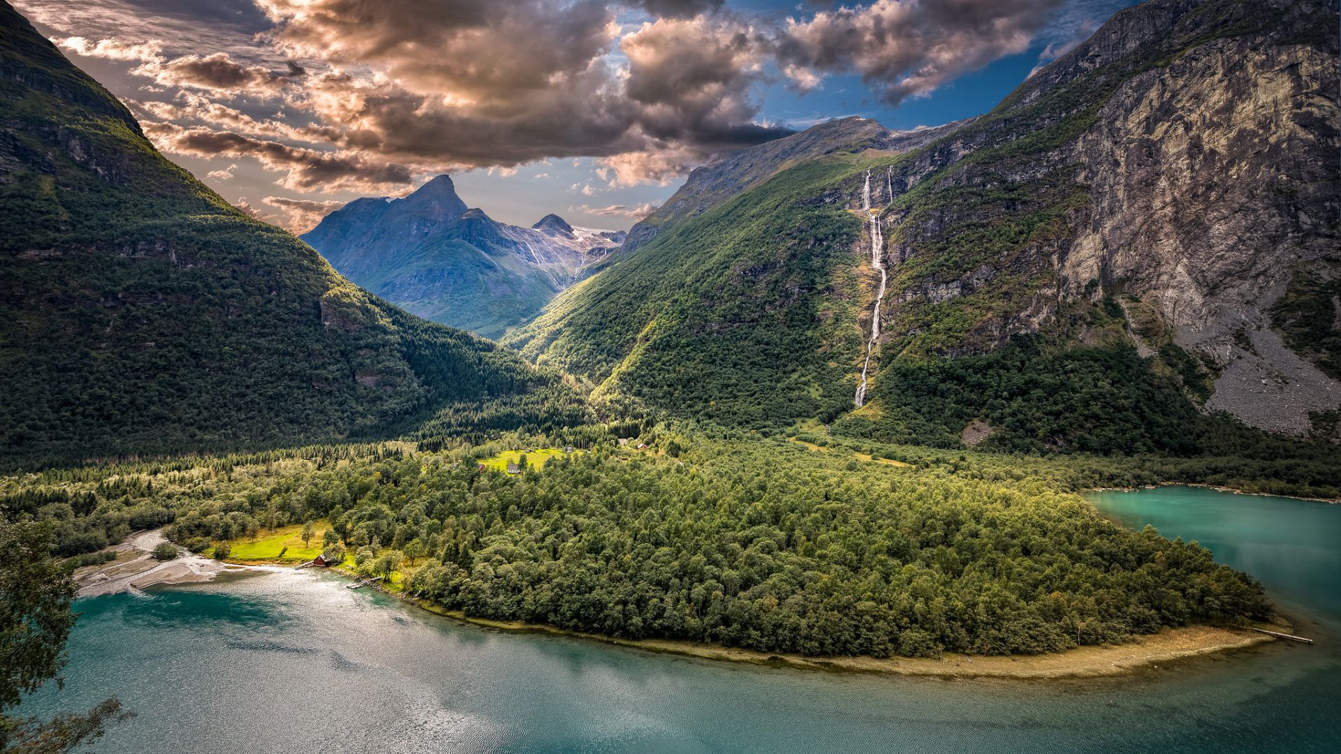 Wallpaper Naeroyfjord, fjord, Norway, river, valley, mountains, waterfall