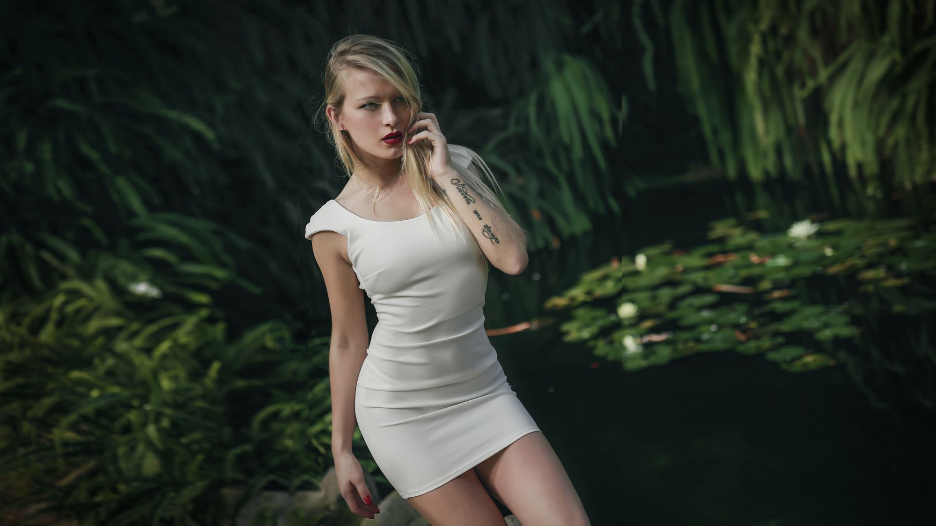 Wallpaper White dress, girl model, outdoor, tattoo
