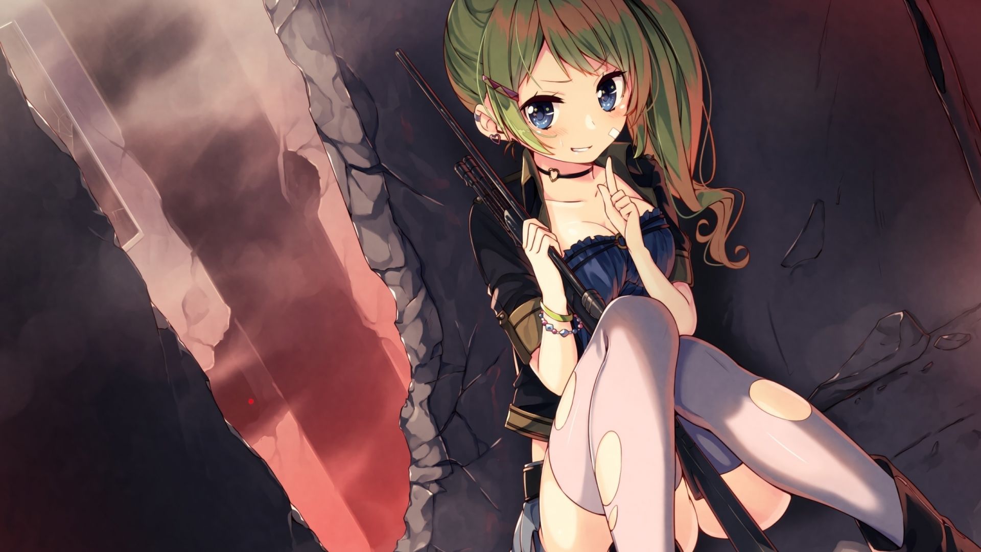 Wallpaper Sniper, anime girl, green hair, original