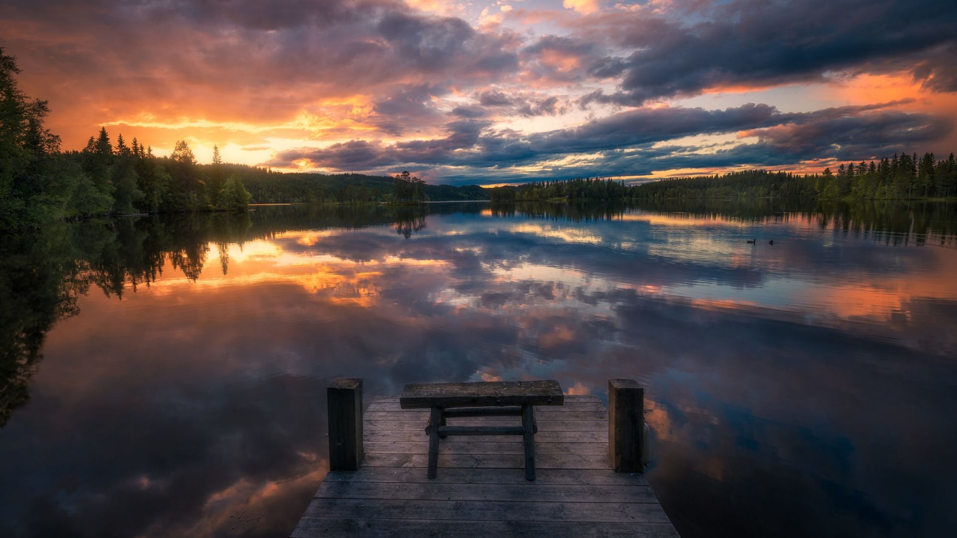 Wallpaper Norway, sunset, lake, dock, tree, skyline, clouds, reflections