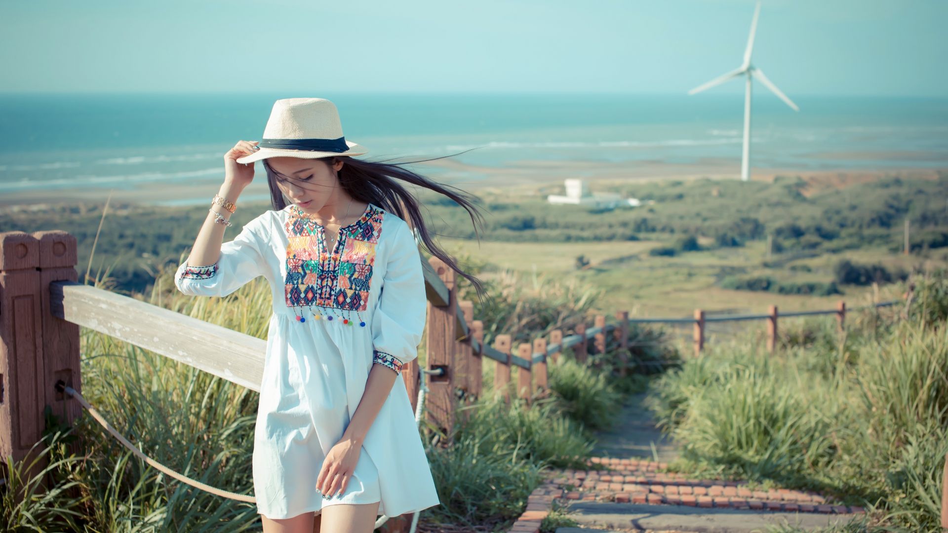 Wallpaper Windmill, landscape, girl model, asian, 5k