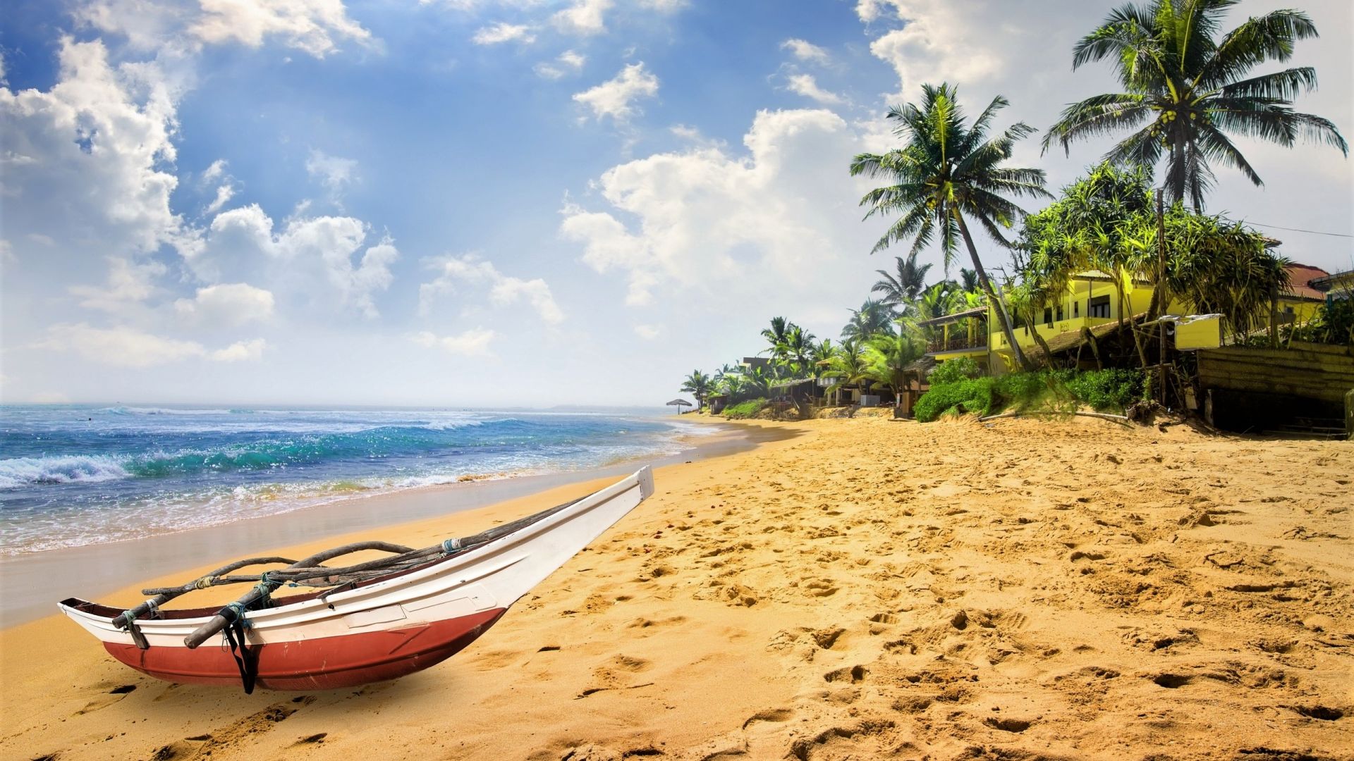 Wallpaper Boat, tropical beach, palm tree, sand, clouds, sky