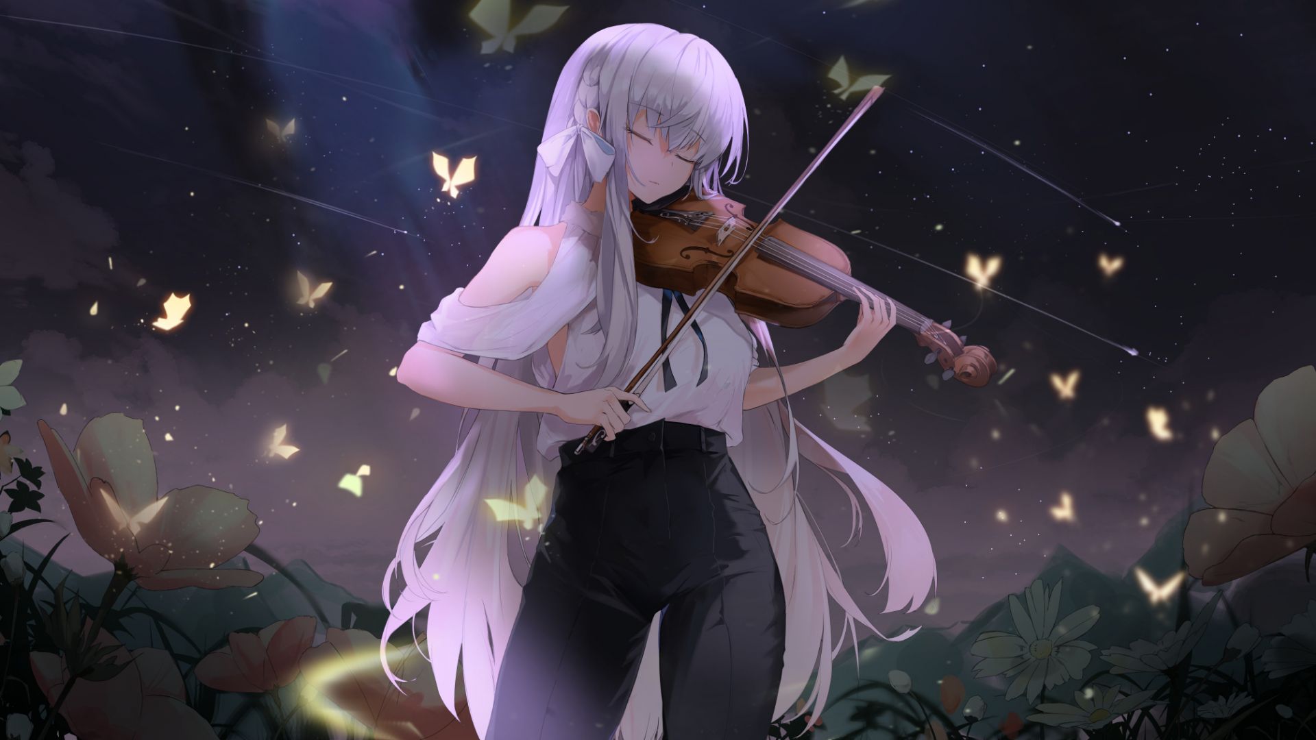 Wallpaper Calm, violin play, anime girl, original