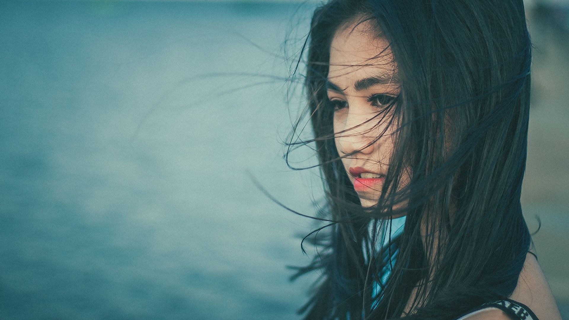 Wallpaper Asian model, hair on face, outdoor