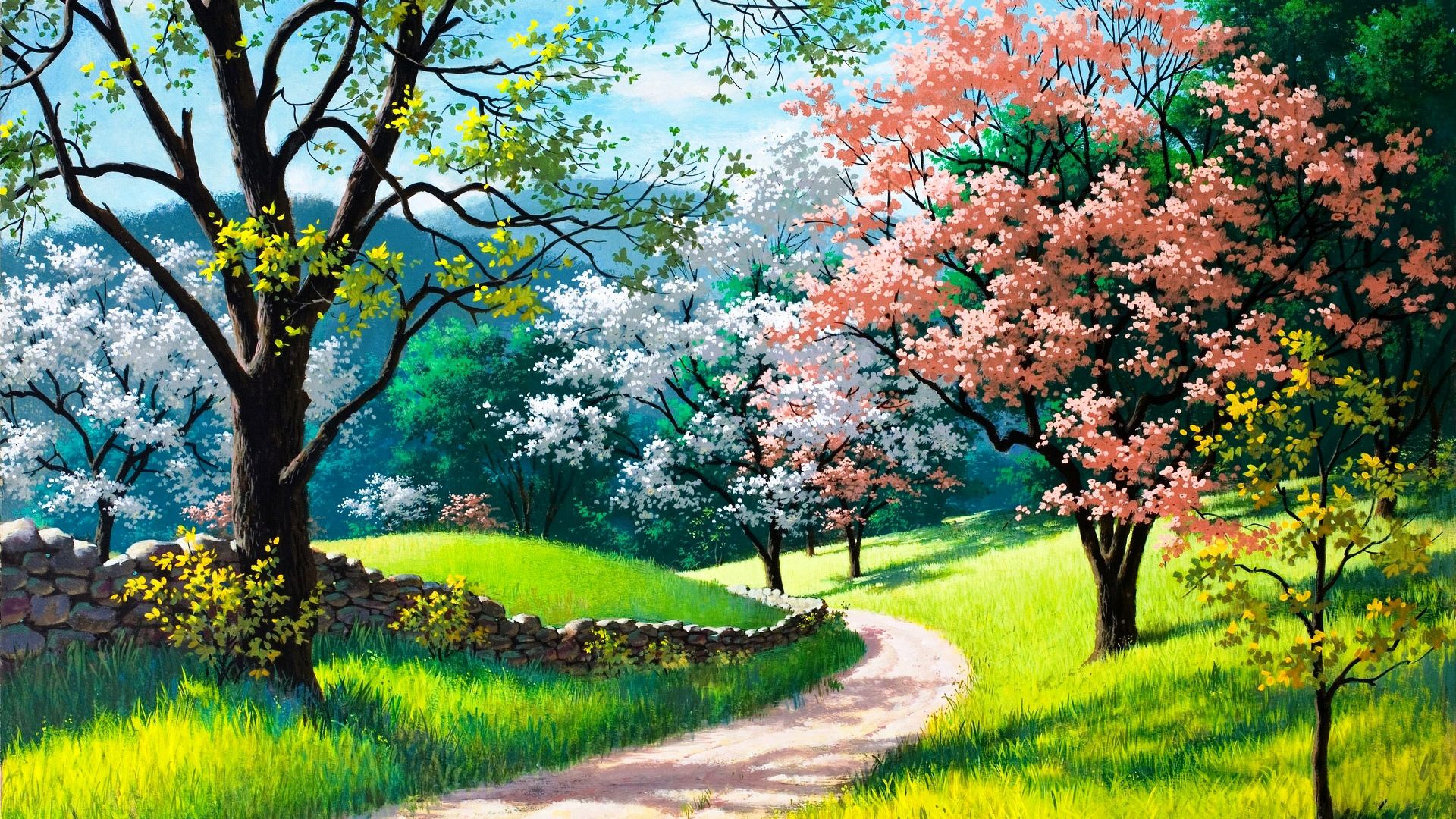 Desktop Wallpaper Spring Nature Painting Trees Grass Road, Hd Image,  Picture, Background, 4ispou