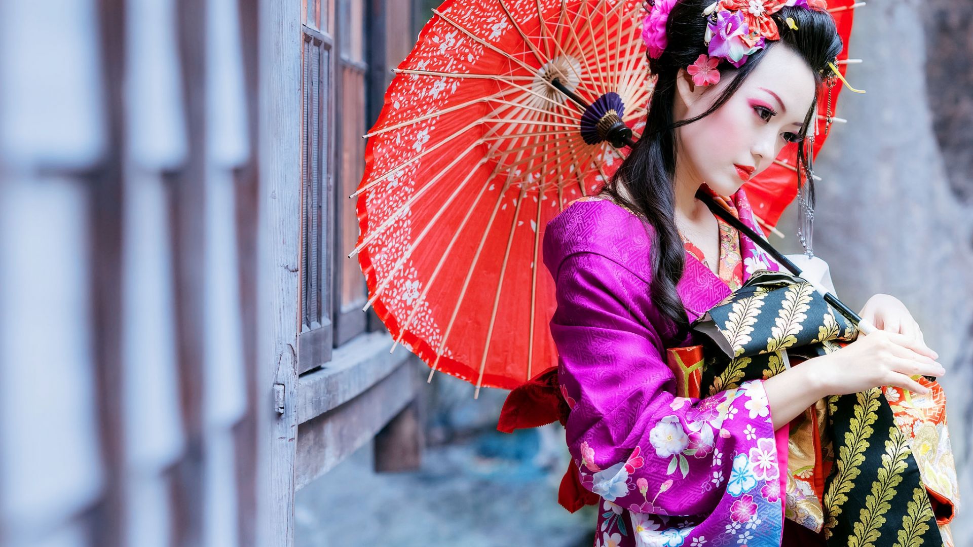 Wallpaper Asian model, and her umbrella