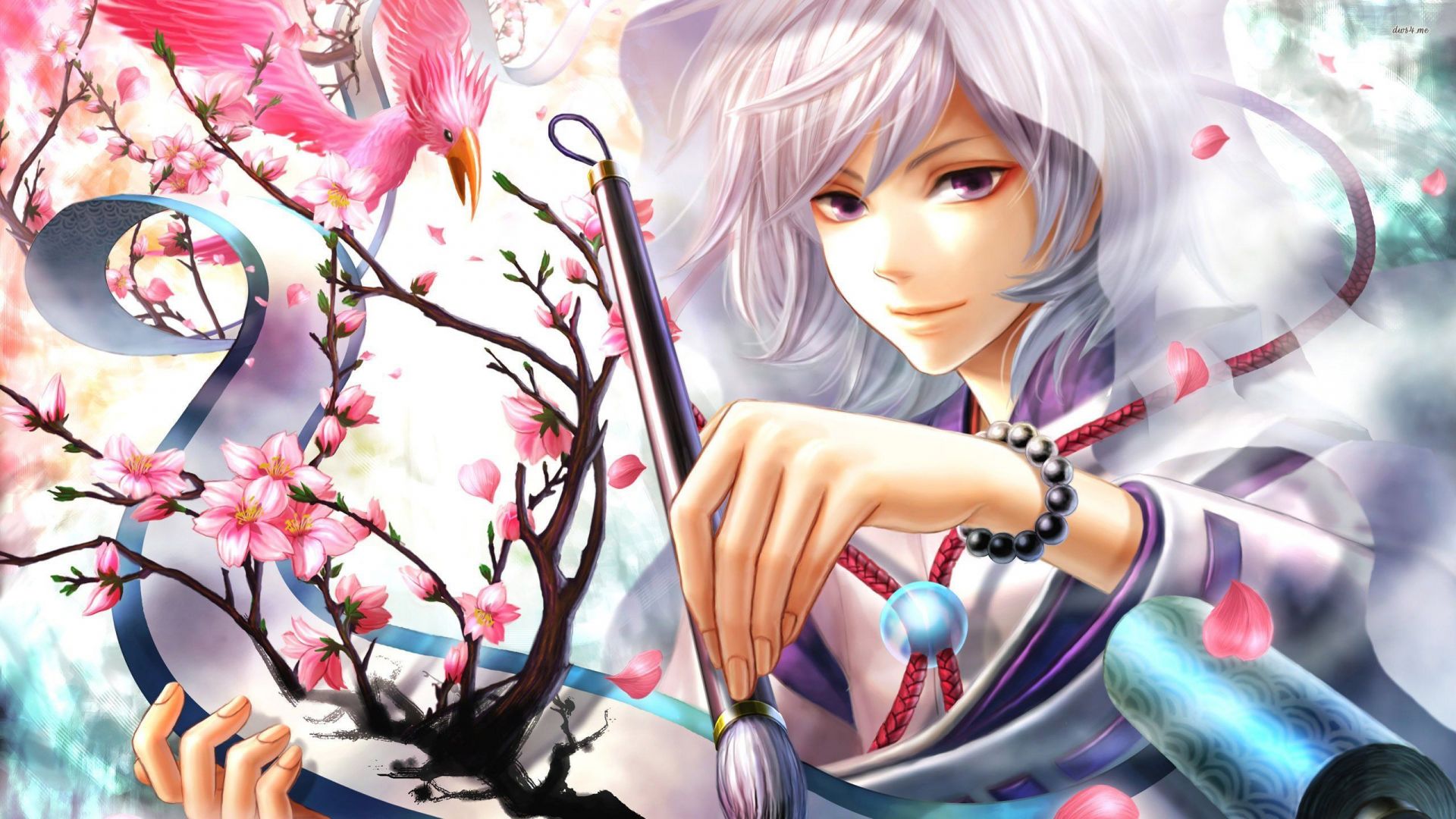 Wallpaper Cute, white hair, anime girl, smile, paint