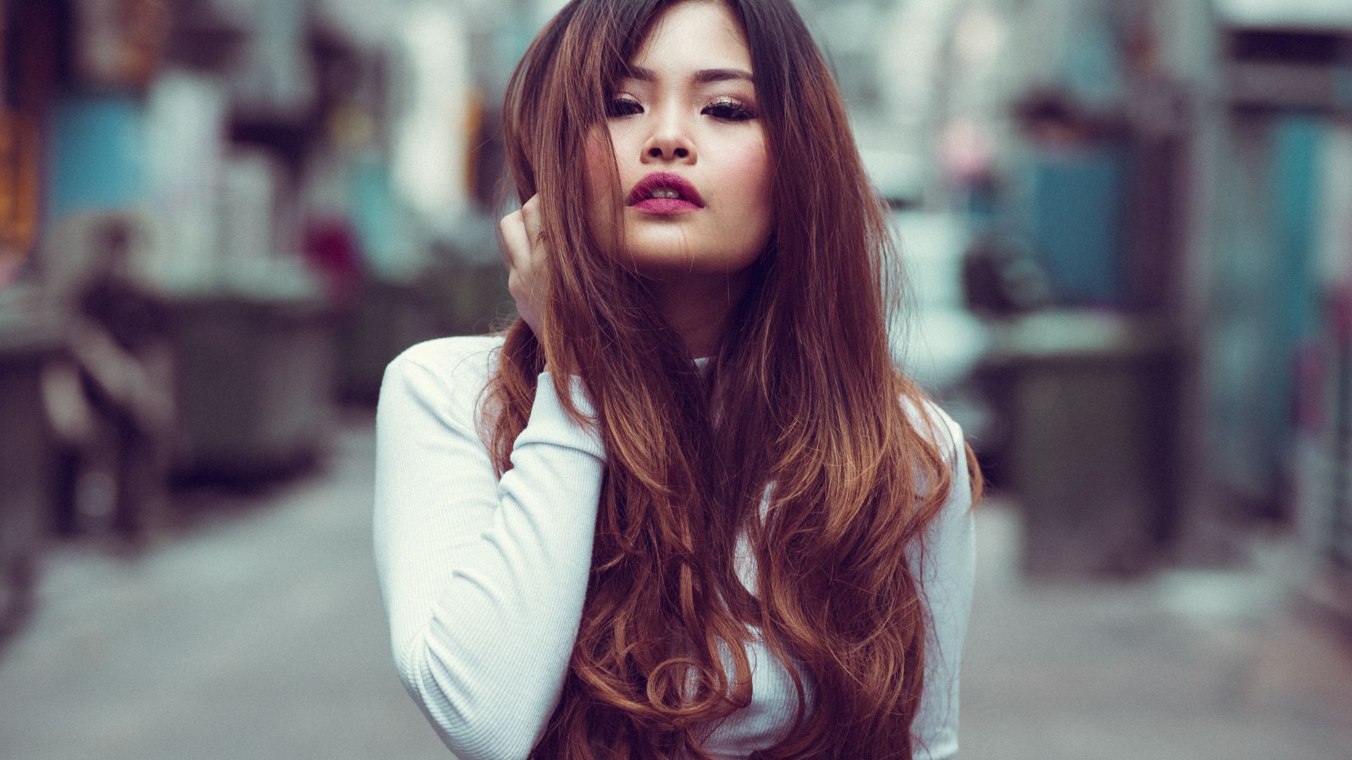Wallpaper Asian model, brunette, pink lipstick