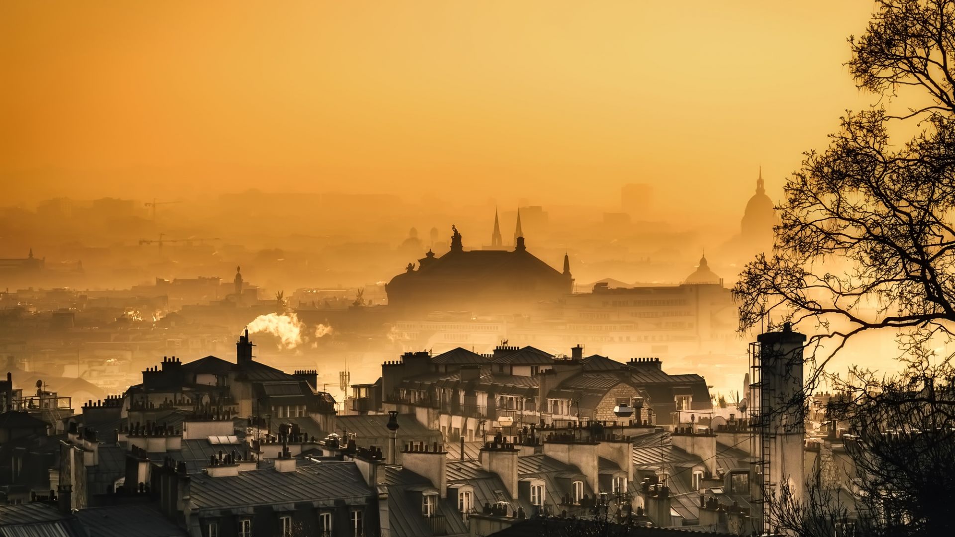 Wallpaper Paris, city, horizon, sunset, fog, aerial view