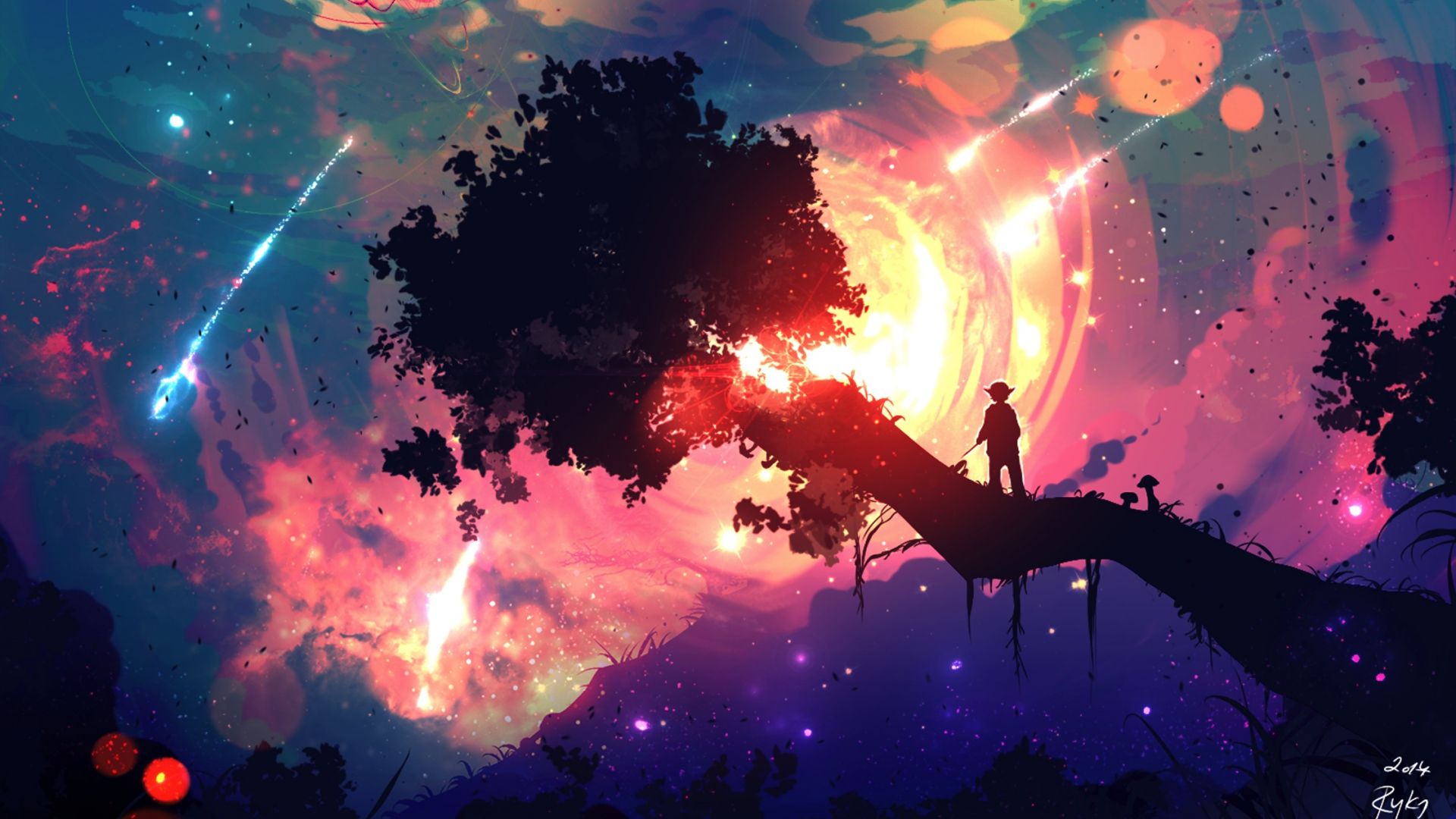 Desktop Wallpaper Illustration, Sunset, Boy On Tree, Night ...