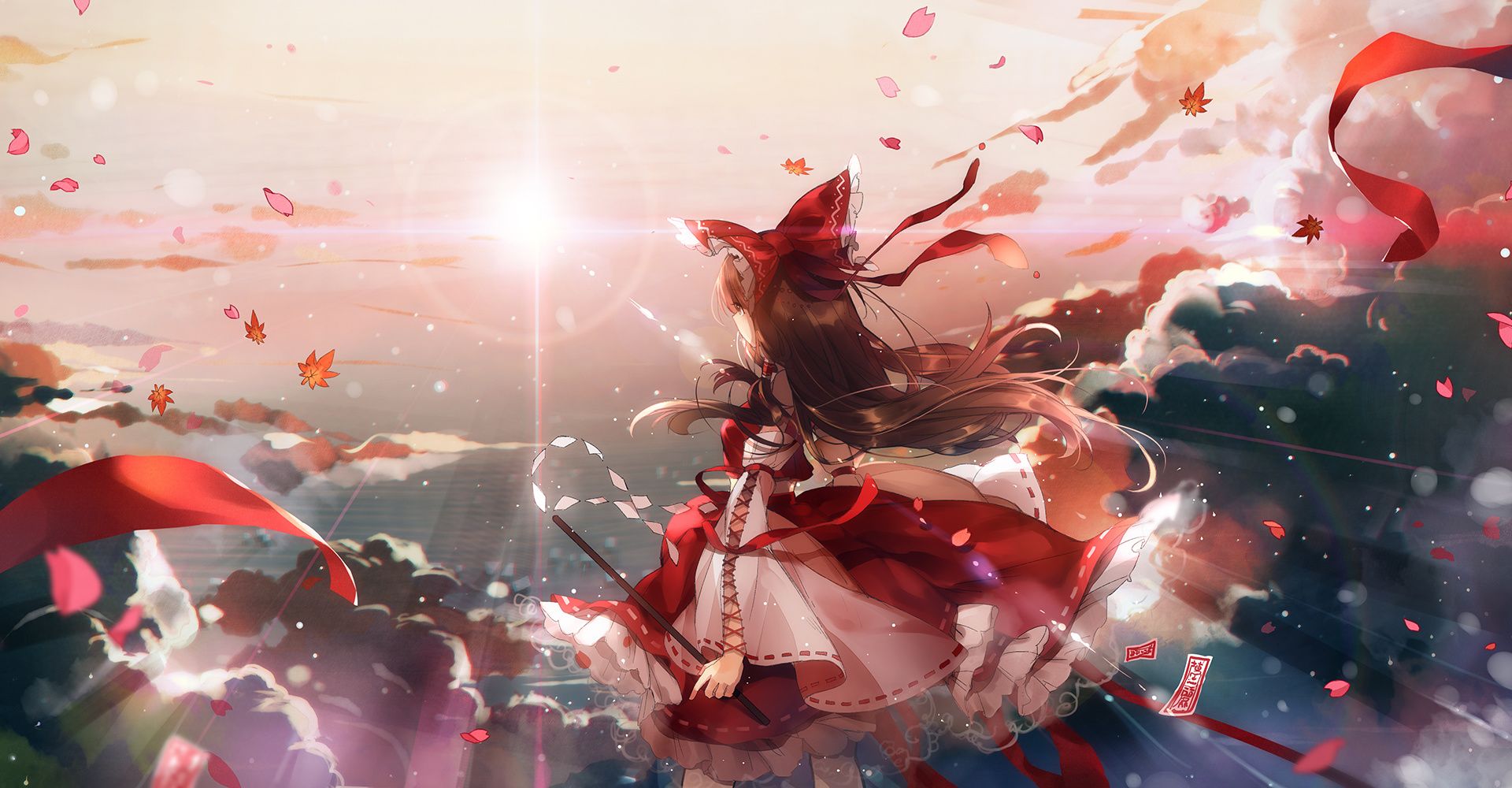 Wallpaper Red cloths, anime girls, clouds, Reimu Hakurei, Touhou