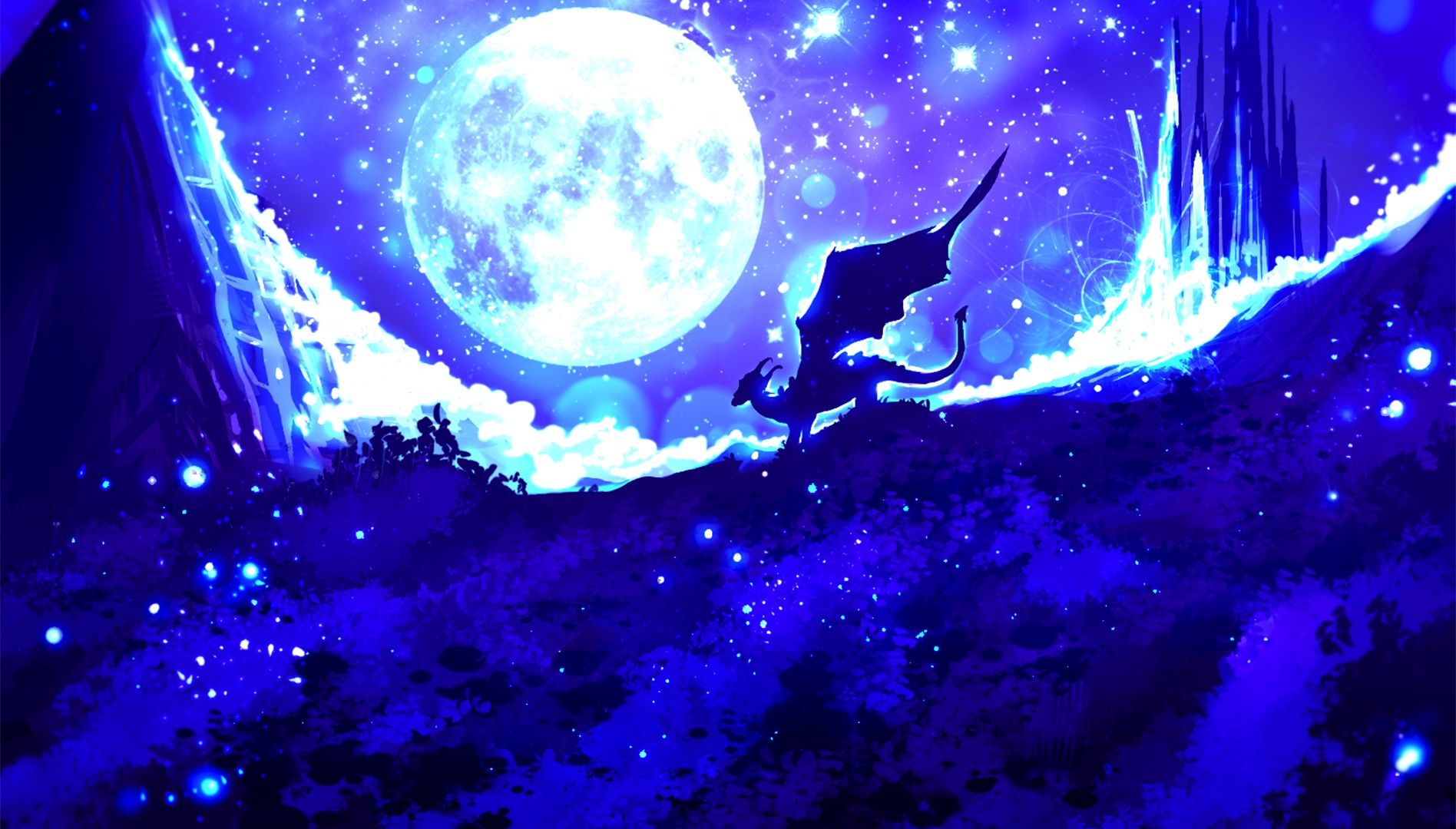 Wallpaper Dragon, night, moon, illustration, art